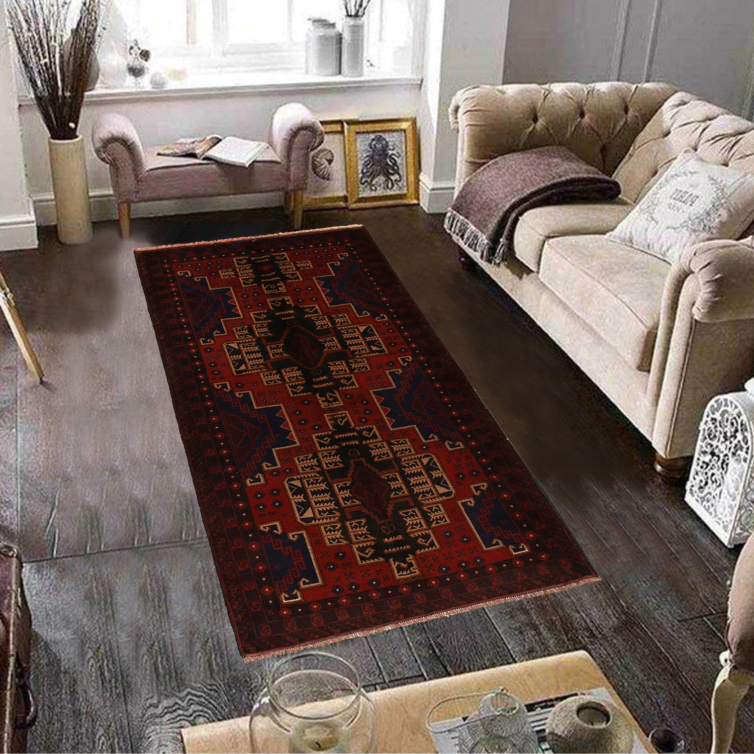 Baluchi Rug Handmade Red Geometric 4x7 ft