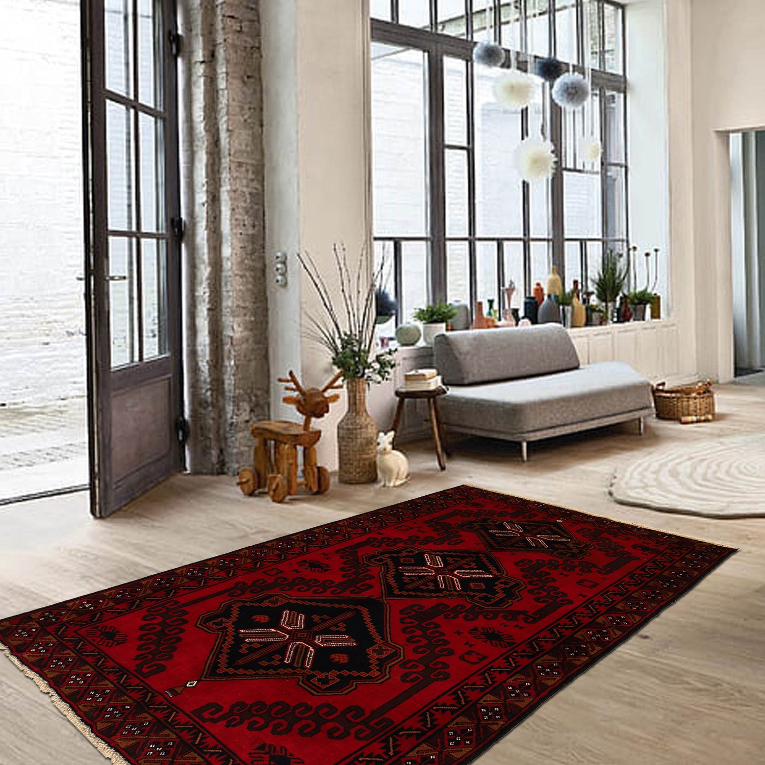 Baluchi Rug Handmade Red Geometric 4x6 ft