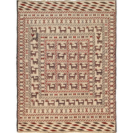 Soumak Kilim Area Rug Handmade White Pictorial 4x6 ft