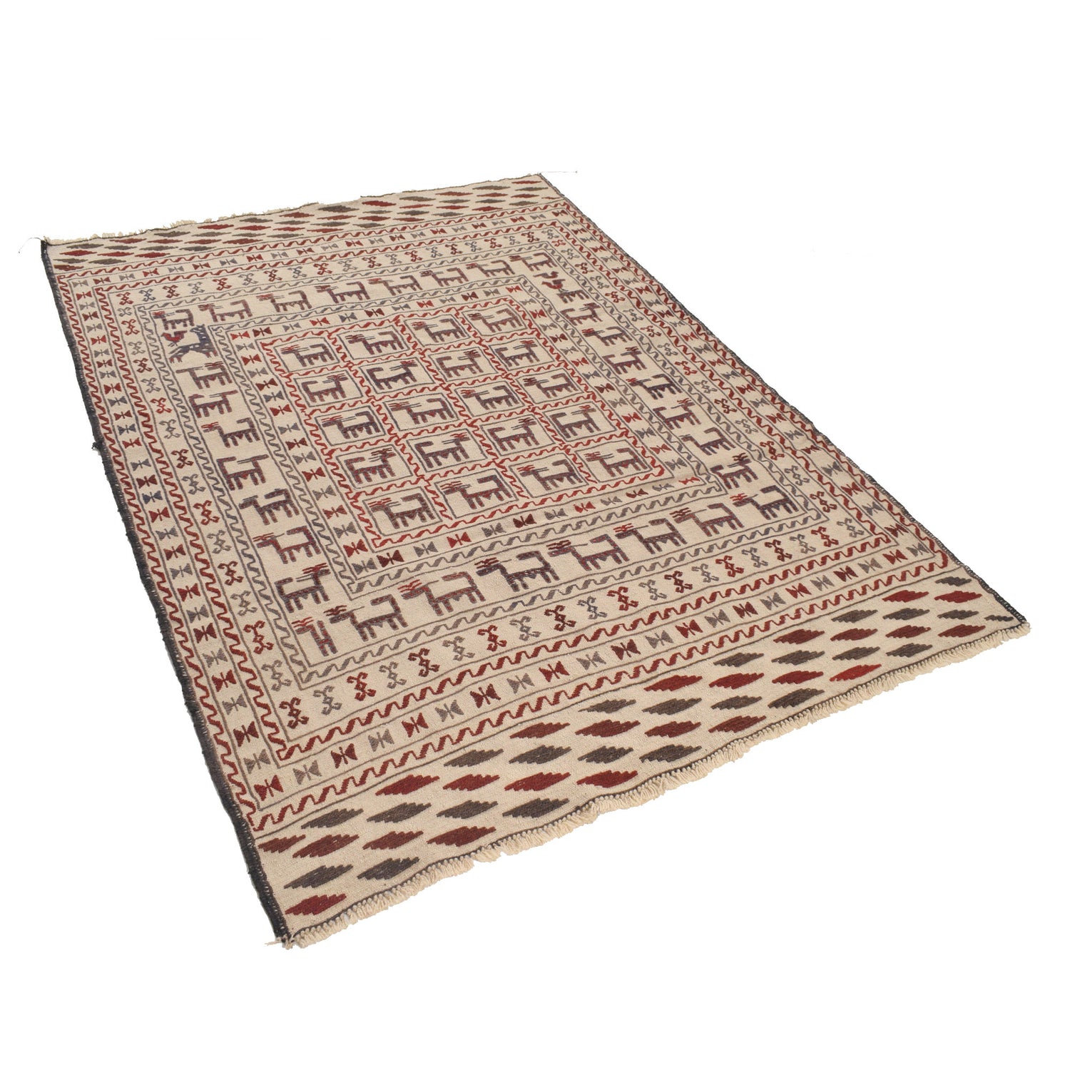 Soumak Kilim Area Rug Handmade White Pictorial 4x6 ft