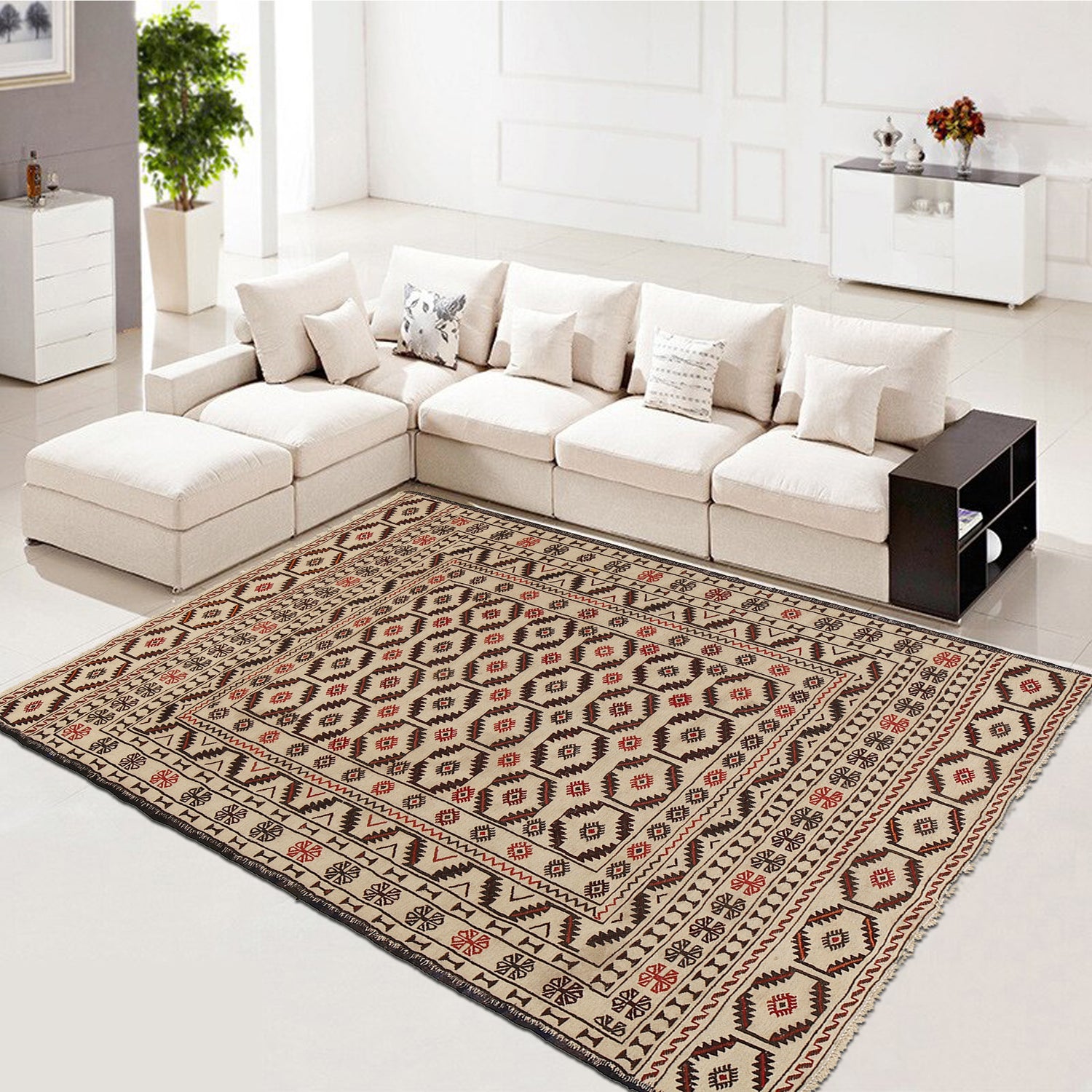 Soumak Kilim Area Rug Handmade White Floral 4x6 ft