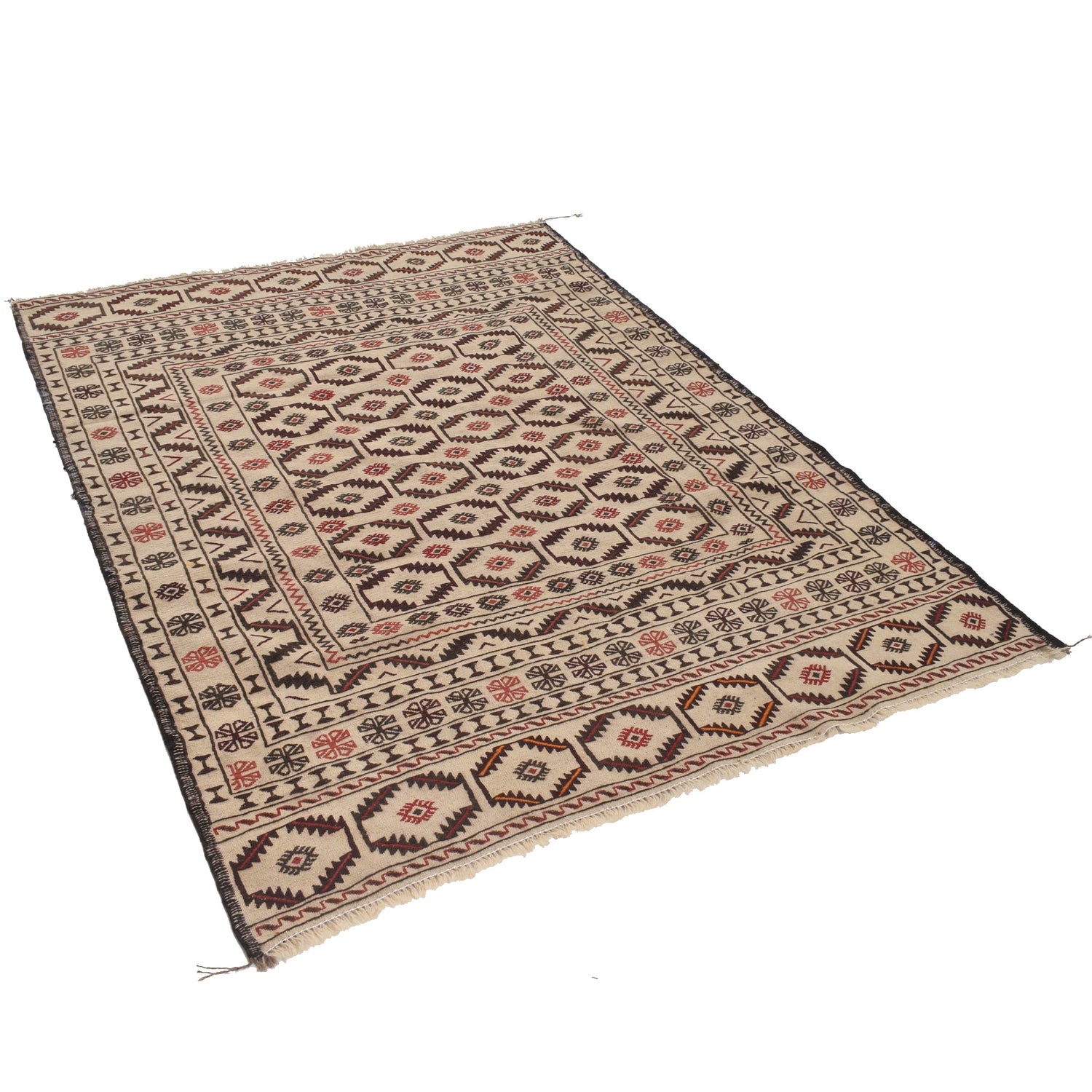 Soumak Kilim Area Rug Handmade White Floral 4x6 ft