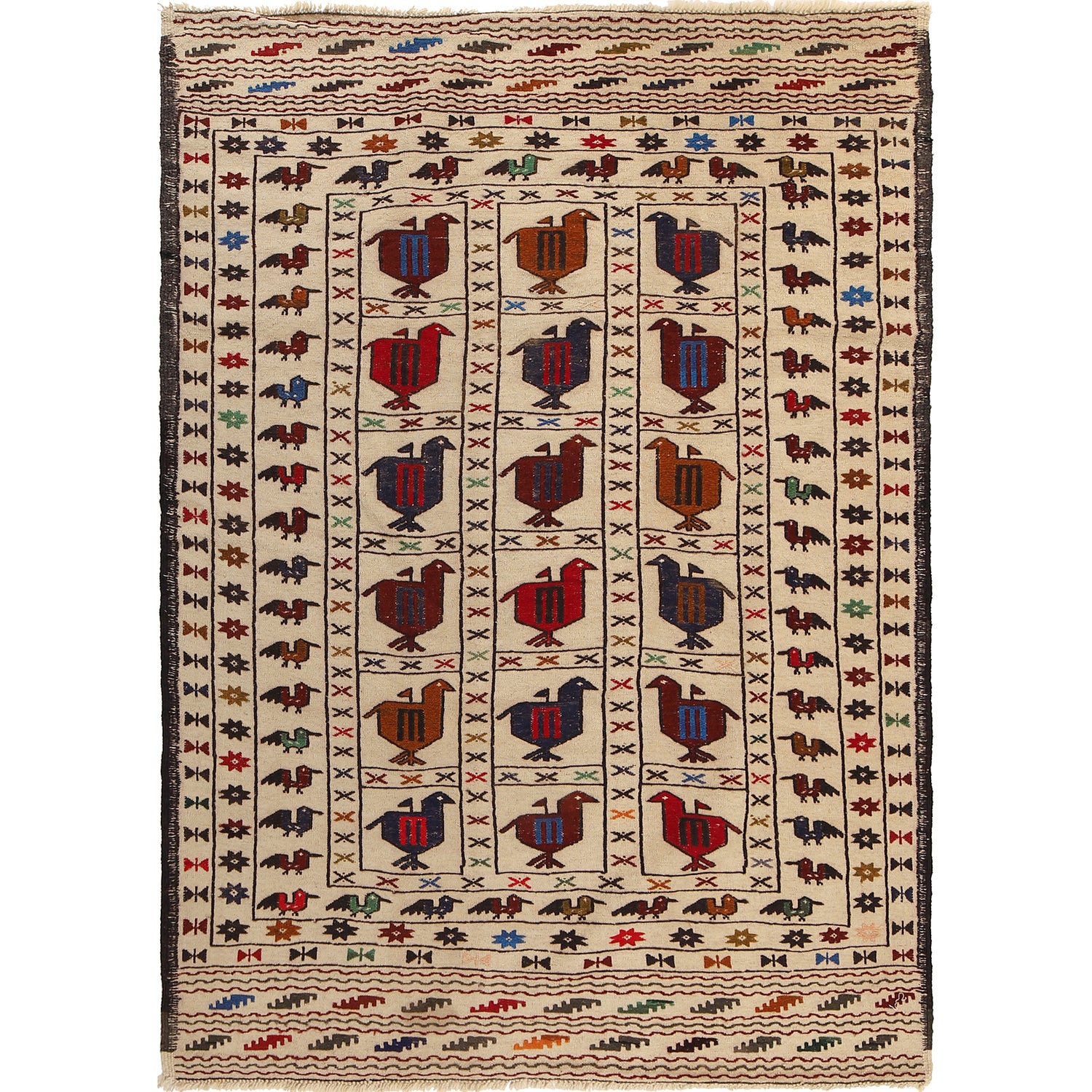 Soumak Kilim Area Rug Handmade White Pictorial 4x6 ft