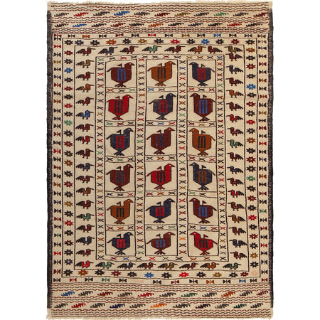 Soumak Kilim Area Rug Handmade White Pictorial 4x6 ft