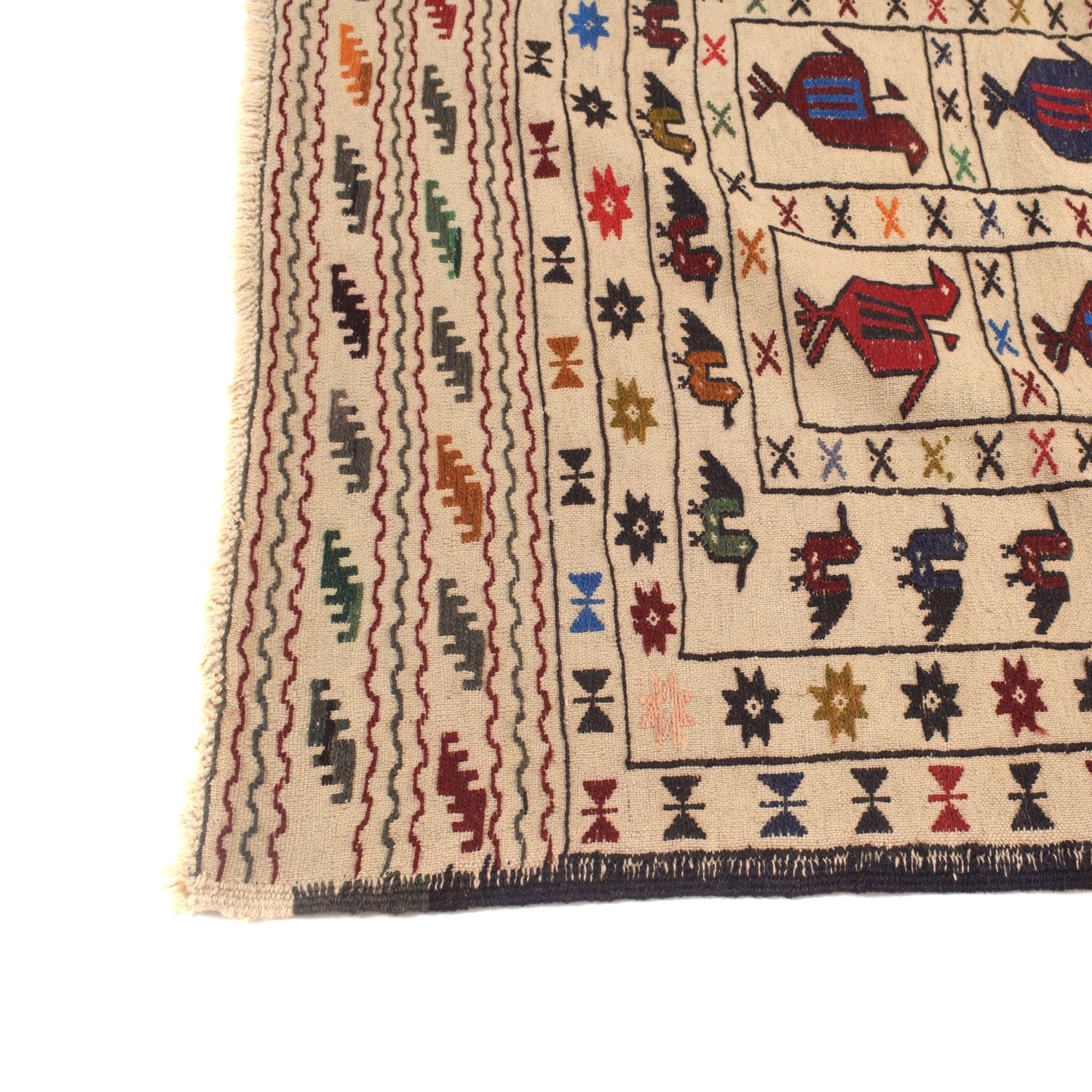 Soumak Kilim Area Rug Handmade White Pictorial 4x6 ft