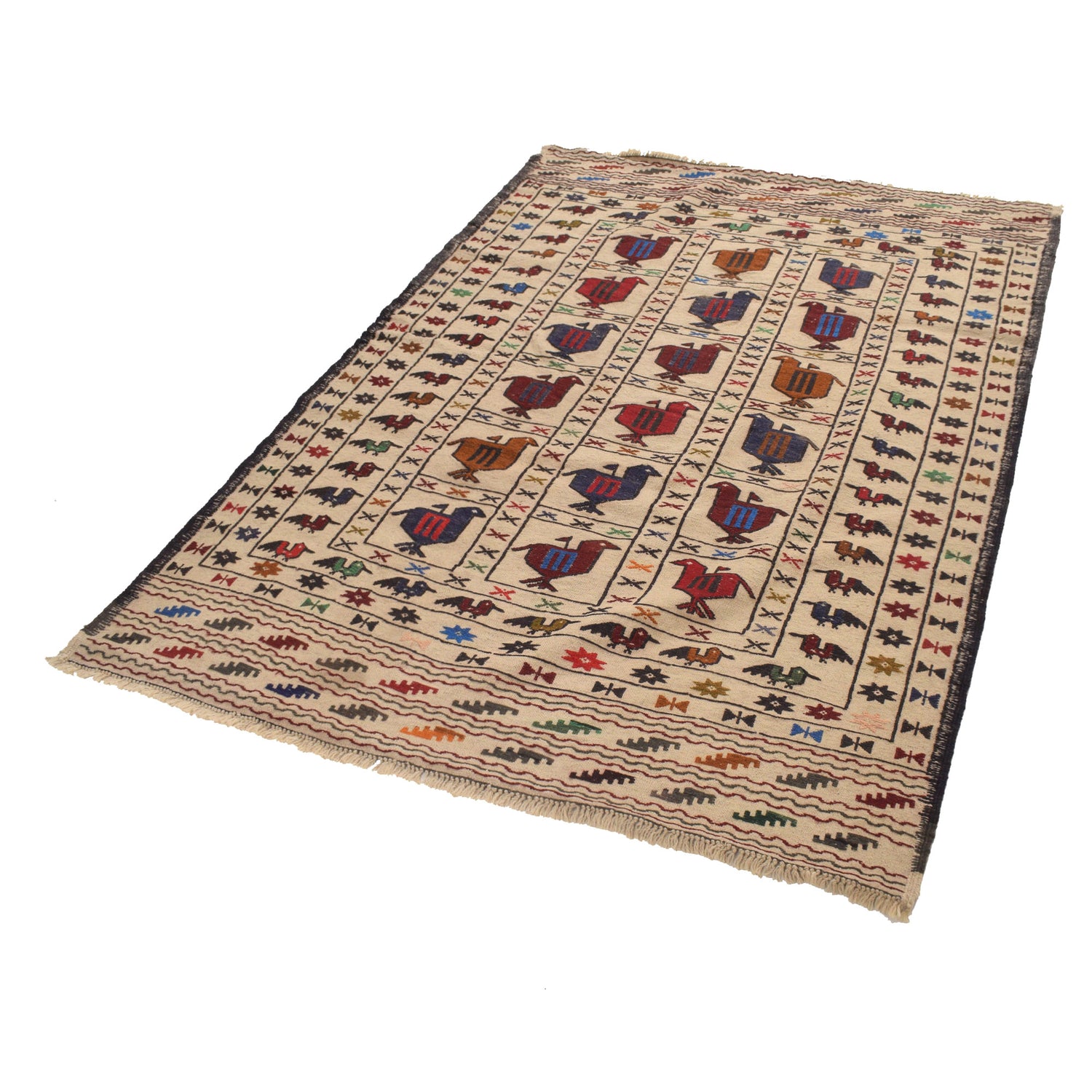 Soumak Kilim Area Rug Handmade White Pictorial 4x6 ft
