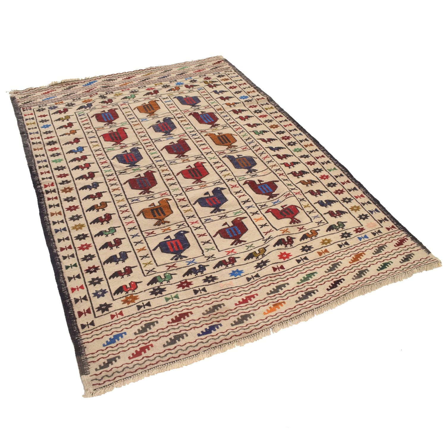 Soumak Kilim Area Rug Handmade White Pictorial 4x6 ft