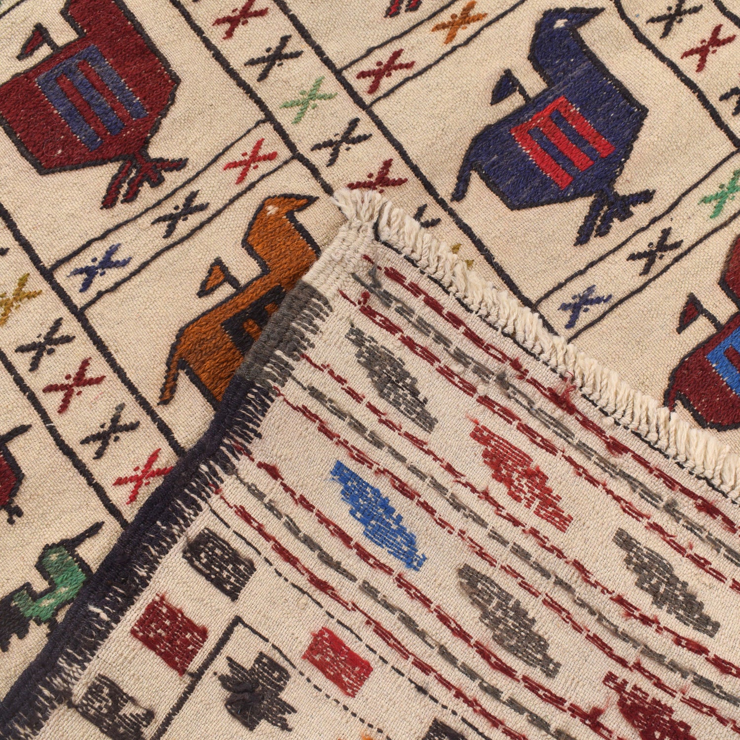 Soumak Kilim Area Rug Handmade White Pictorial 4x6 ft