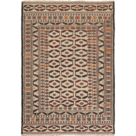 Soumak Kilim Area Rug Handmade White Floral 4x6 ft