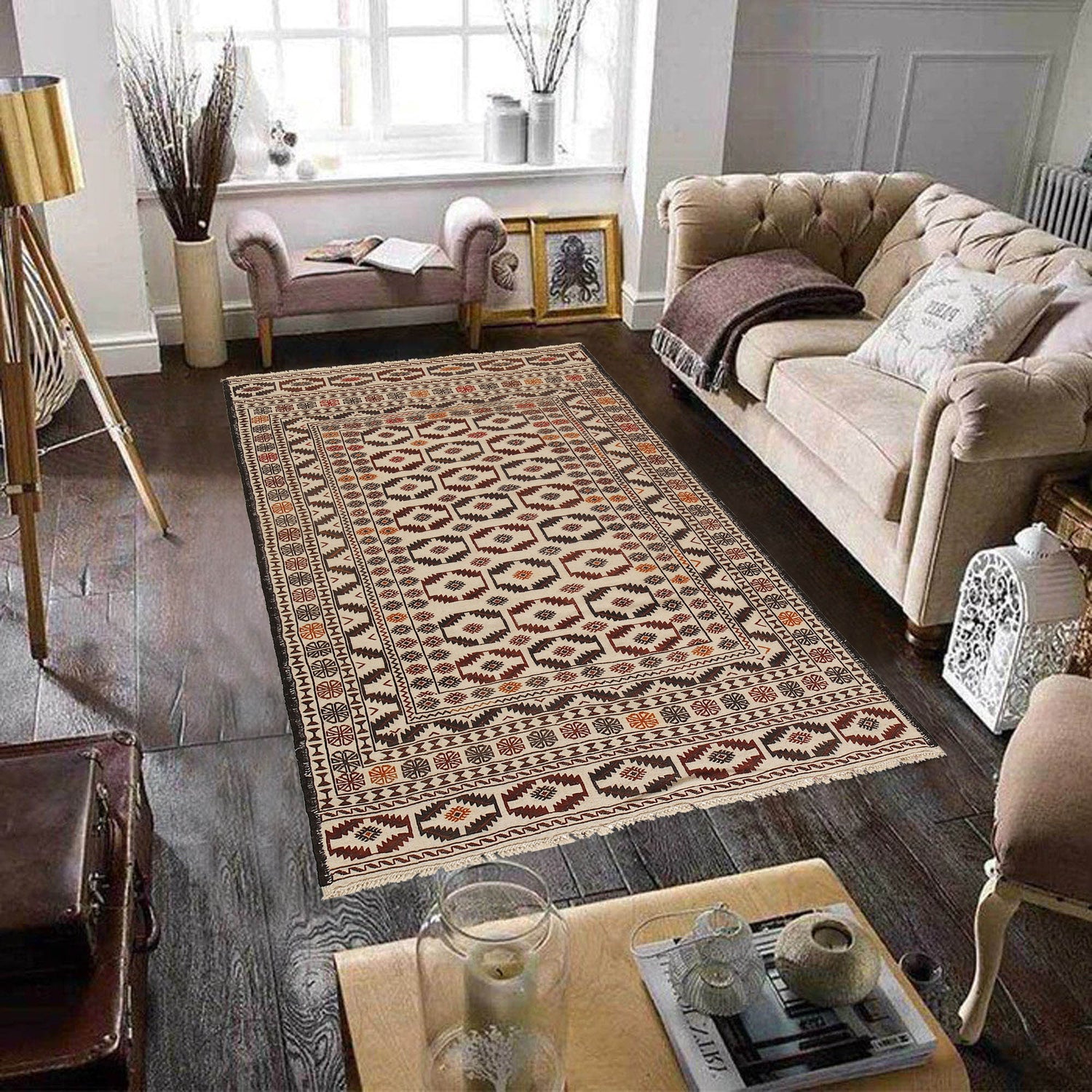 Soumak Kilim Area Rug Handmade White Floral 4x6 ft
