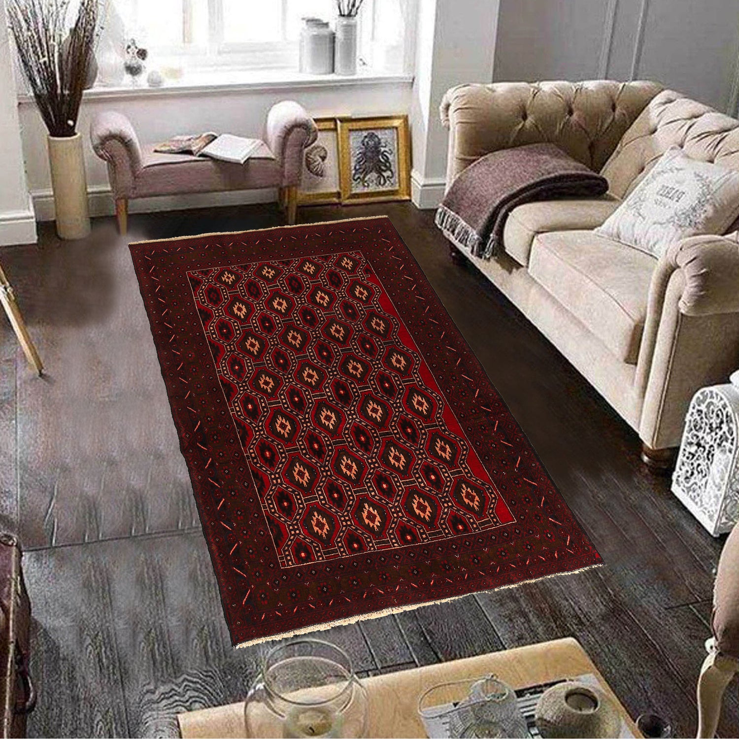 Baluchi Rug Handmade Red Geometric 4x6 ft