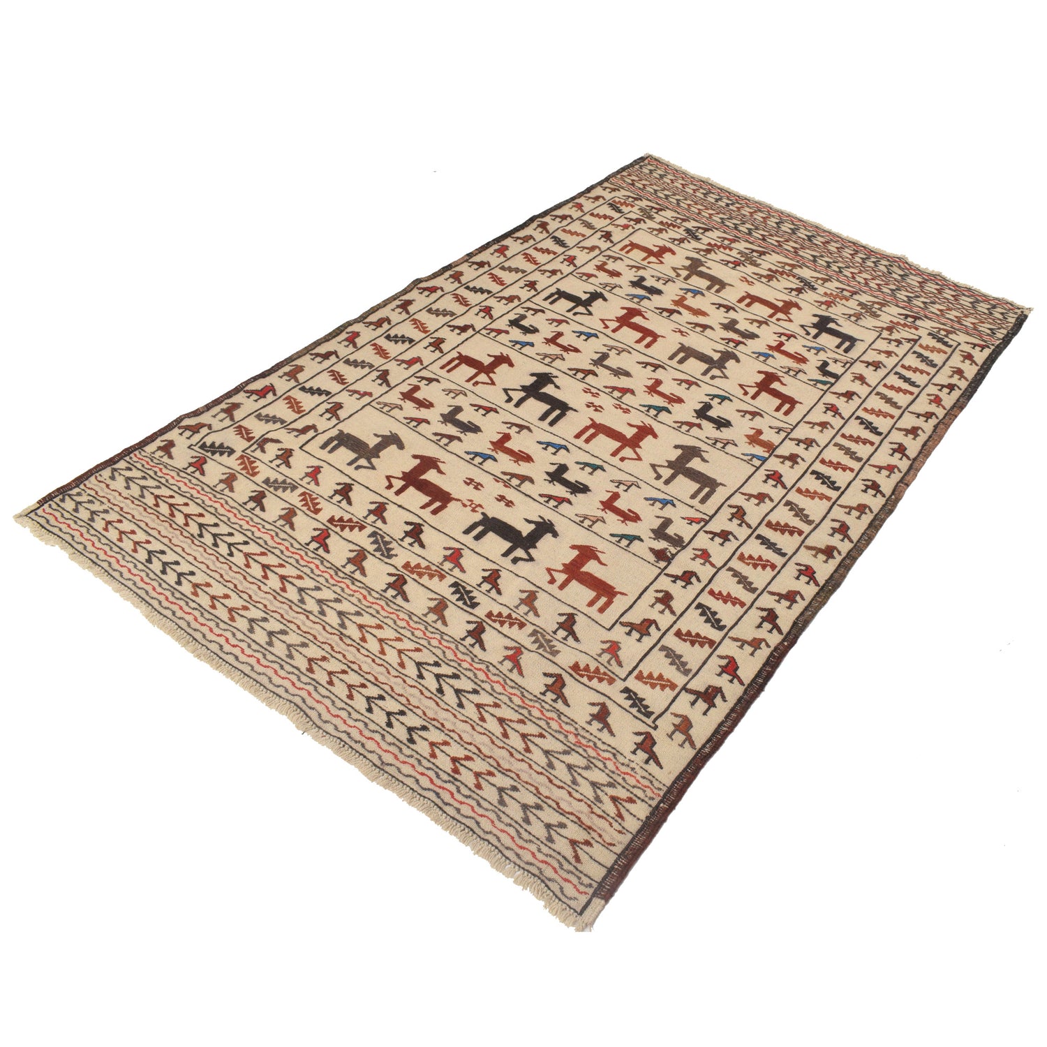 Soumak Kilim Area Rug Handmade White Pictorial 4x6 ft