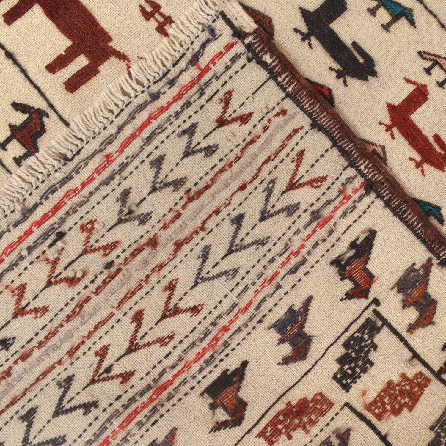 Soumak Kilim Area Rug Handmade White Pictorial 4x6 ft