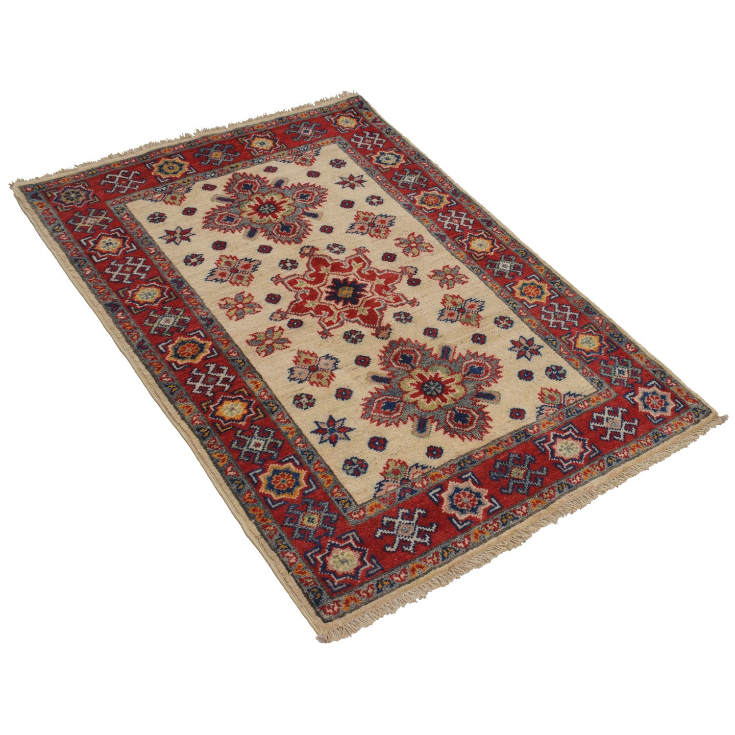 Kazak Rug Handmade Ivory Medallion 2x4 ft