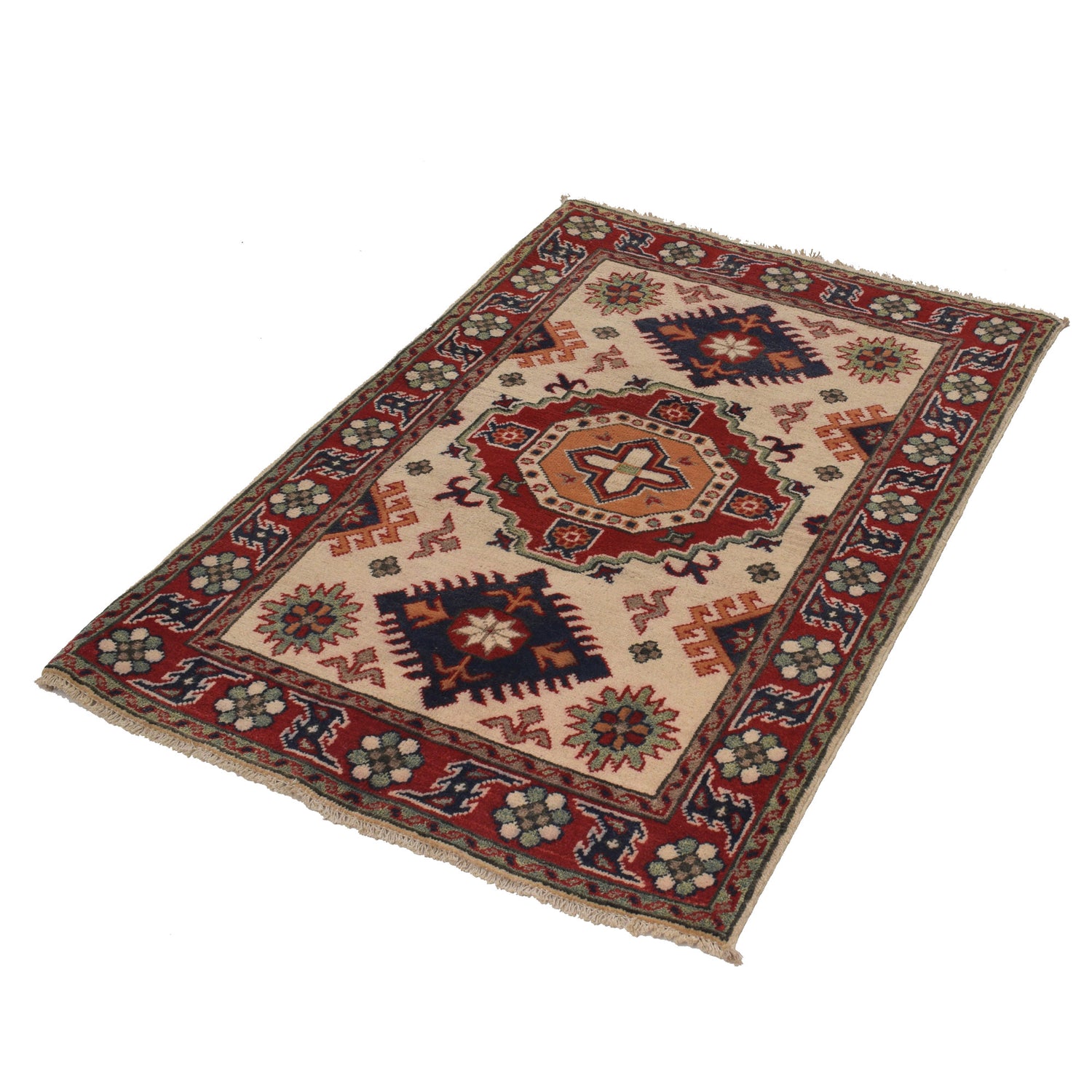 Kazak Rug Handmade Ivory Medallion 2x4 ft