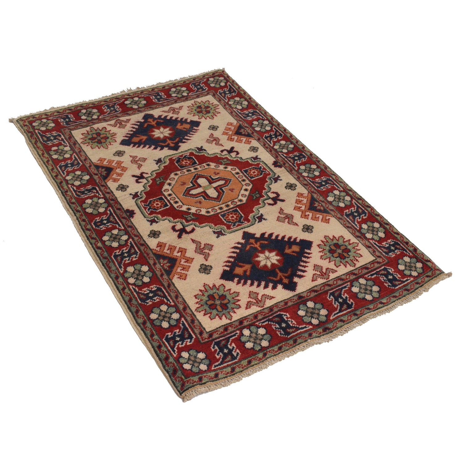 Kazak Rug Handmade Ivory Medallion 2x4 ft