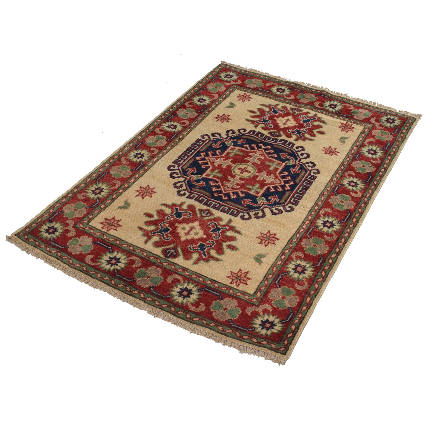 Kazak Rug Handmade Ivory Medallion 2x4 ft