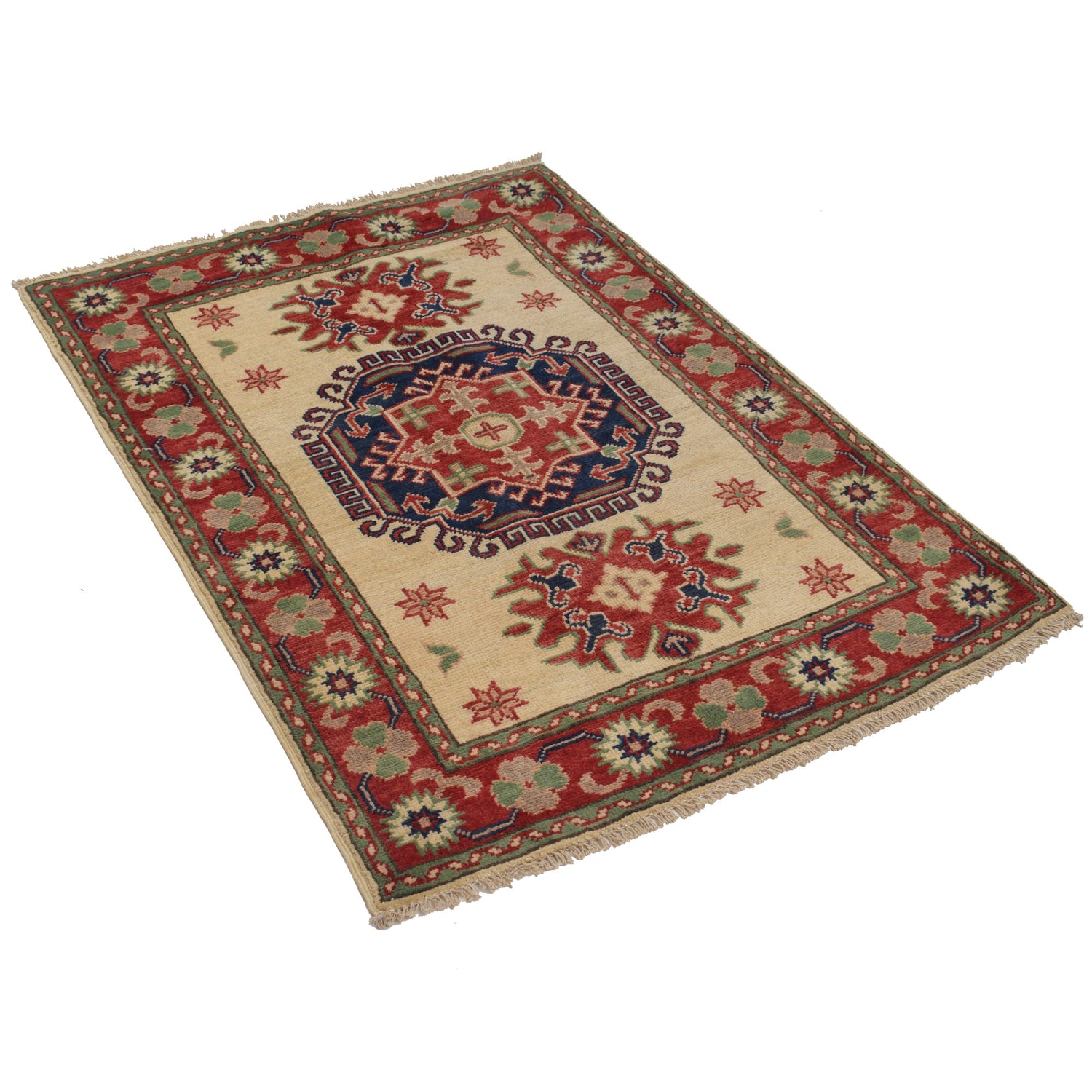 Kazak Rug Handmade Ivory Medallion 2x4 ft