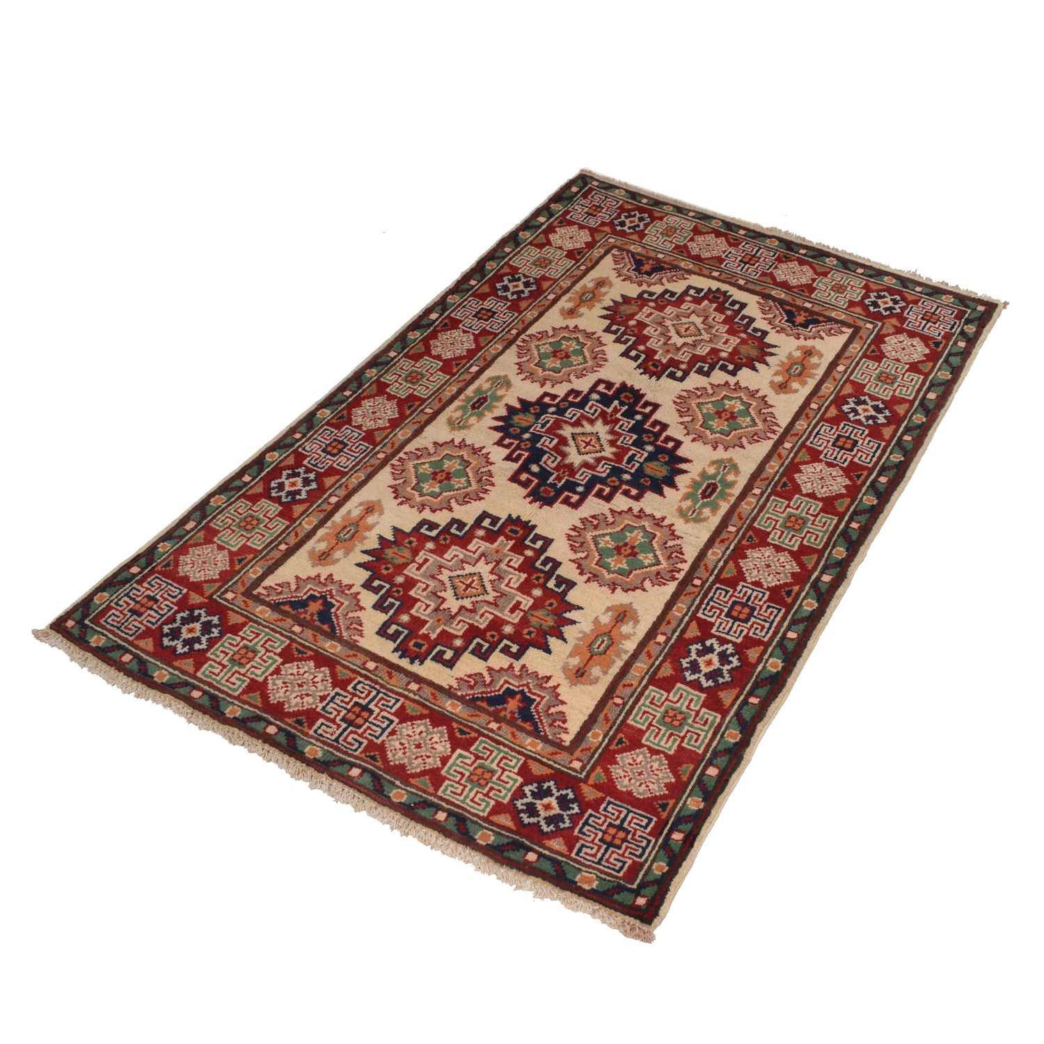 Kazak Rug Handmade Ivory Medallion 2x4 ft