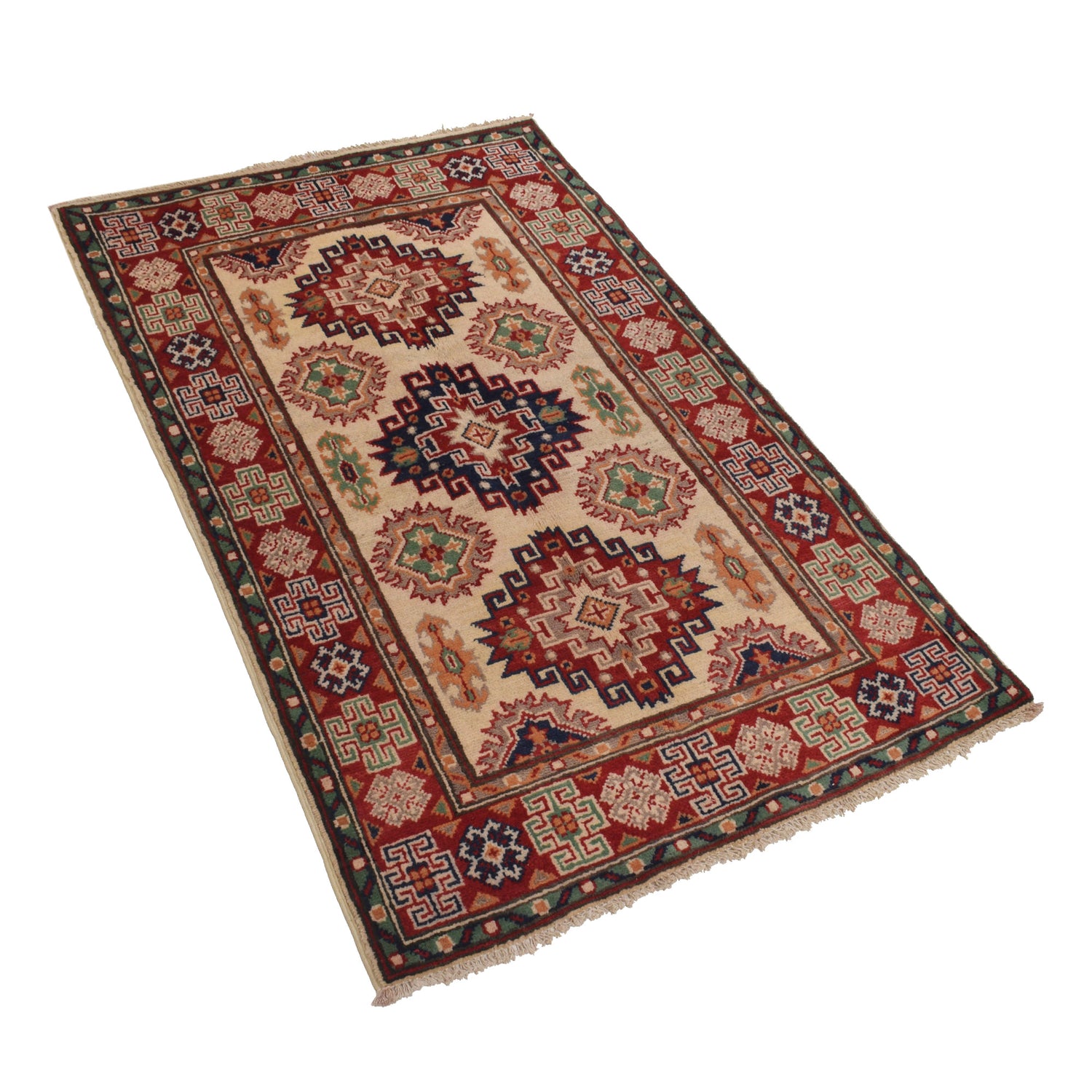 Kazak Rug Handmade Ivory Medallion 2x4 ft
