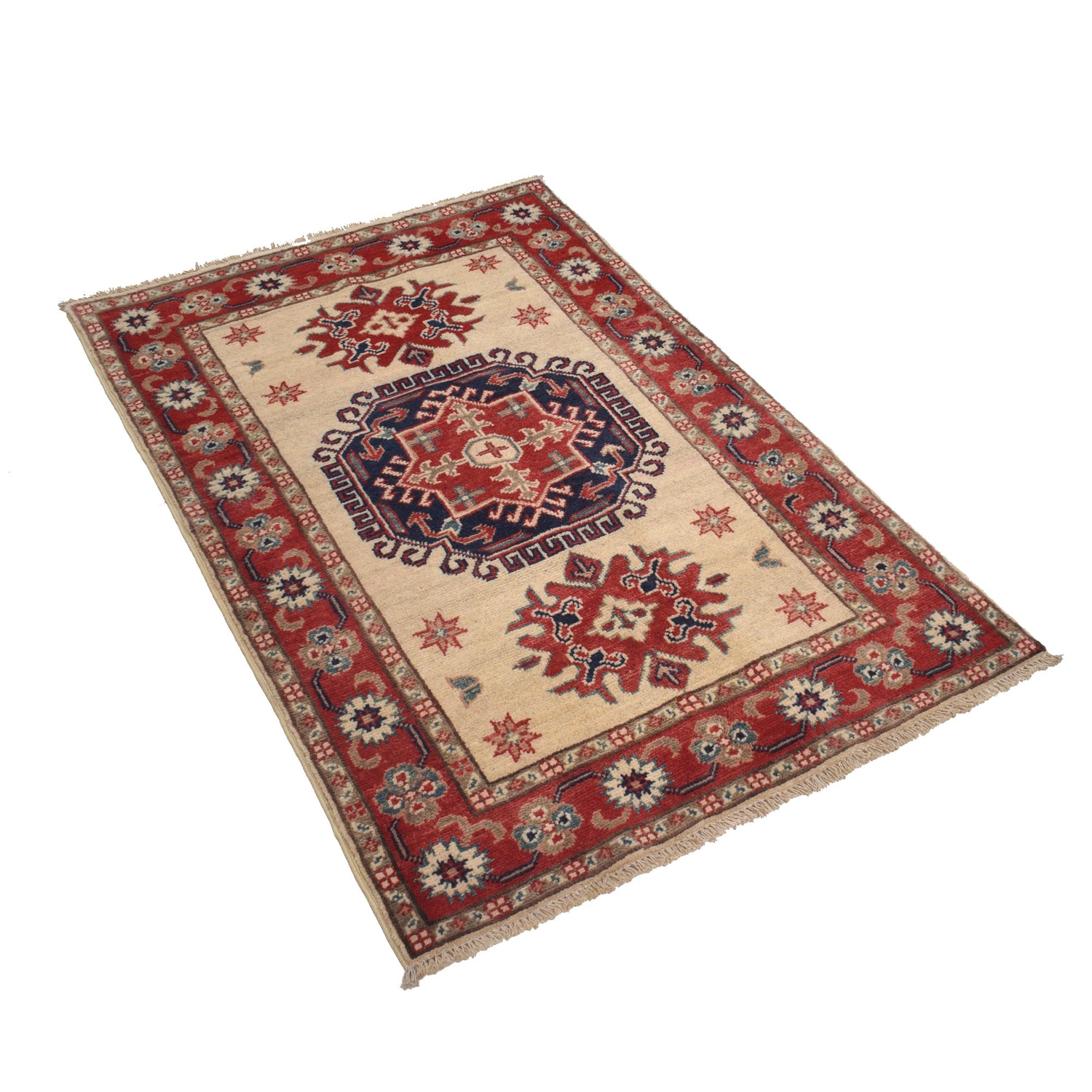 Kazak Rug Handmade Ivory Medallion 2x4 ft