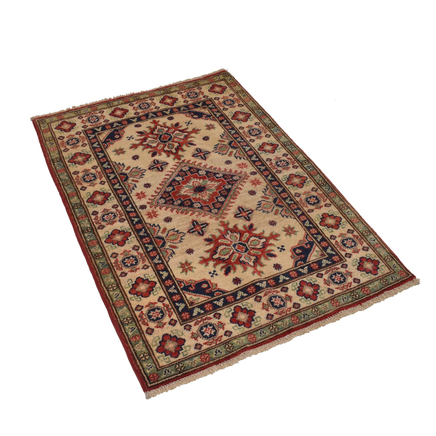 Kazak Rug Handmade Ivory Medallion 2x4 ft