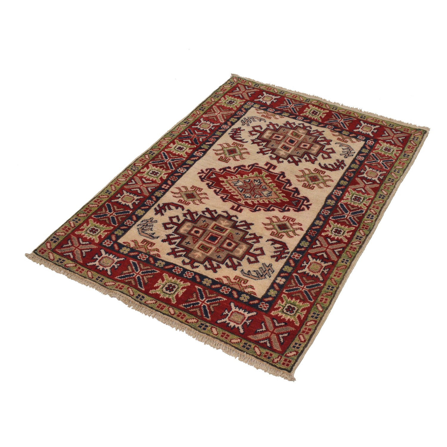 Kazak Rug Handmade Ivory Medallion 2x4 ft
