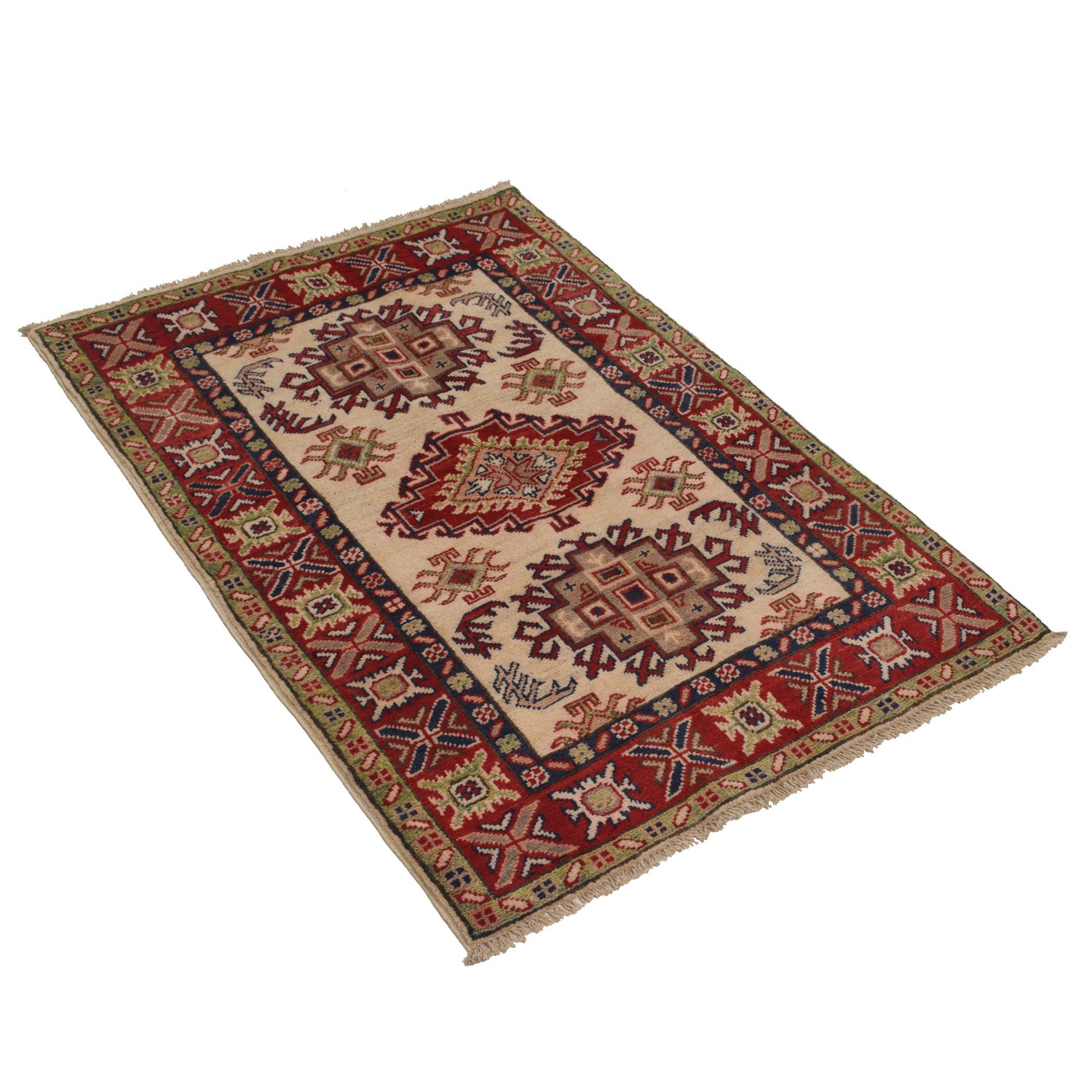 Kazak Rug Handmade Ivory Medallion 2x4 ft