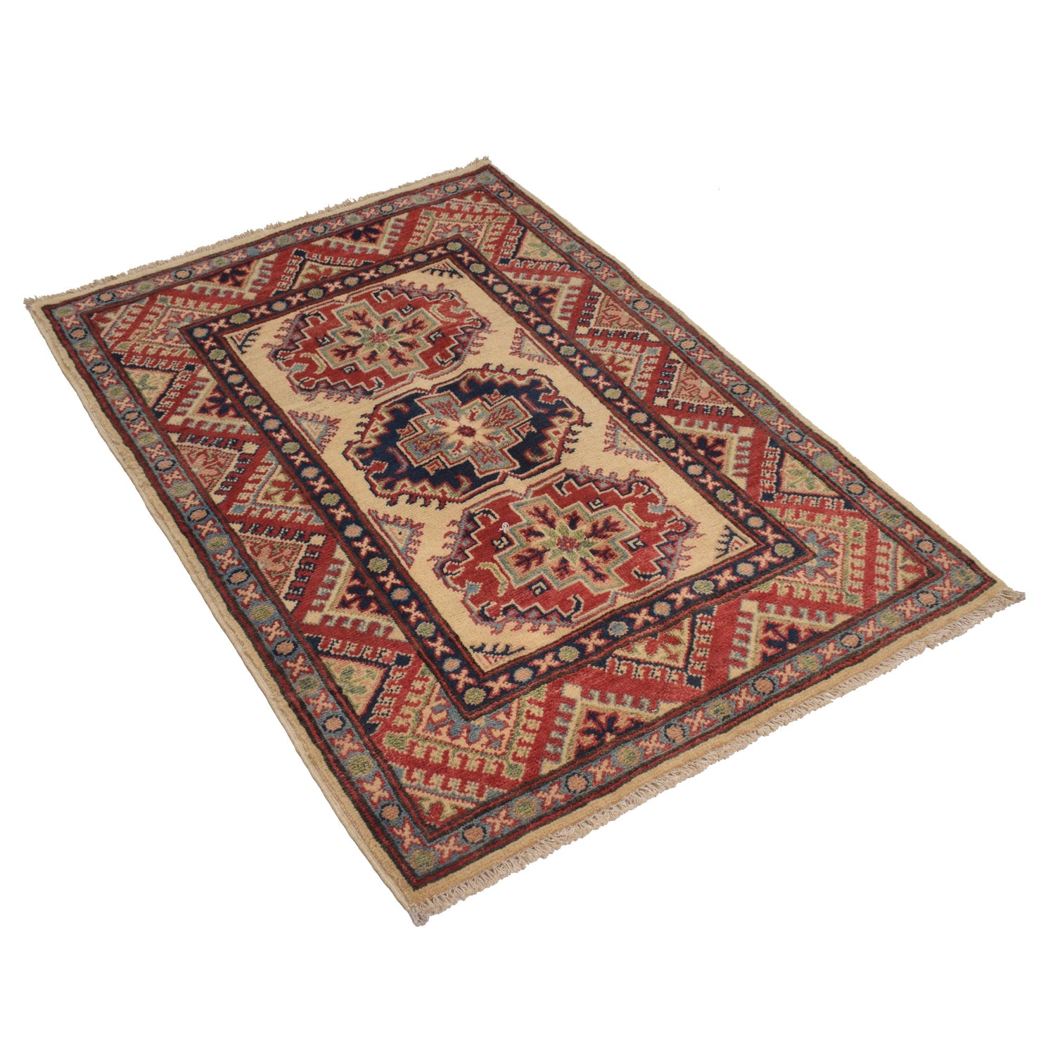 Kazak Rug Handmade Ivory Medallion 2x4 ft