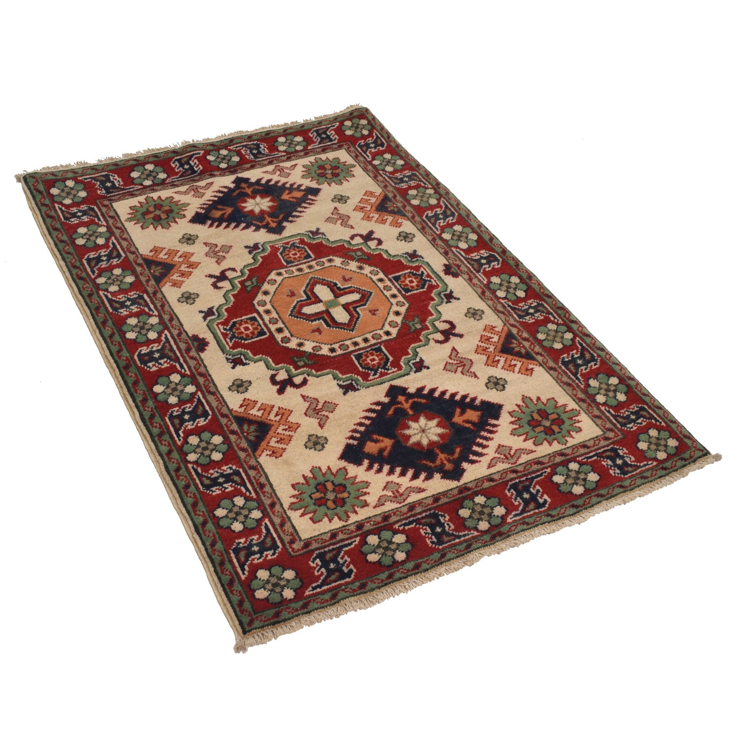 Kazak Rug Handmade Ivory Medallion 2x4 ft