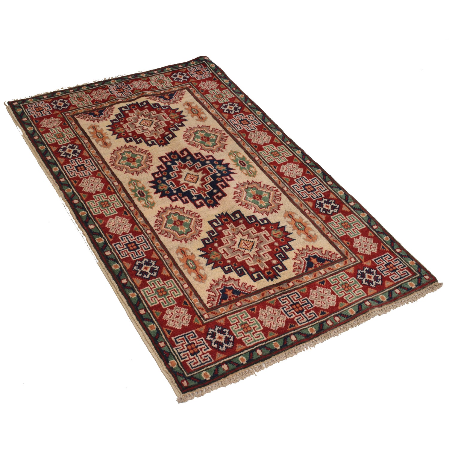 Kazak Rug Handmade Ivory Medallion 2x4 ft