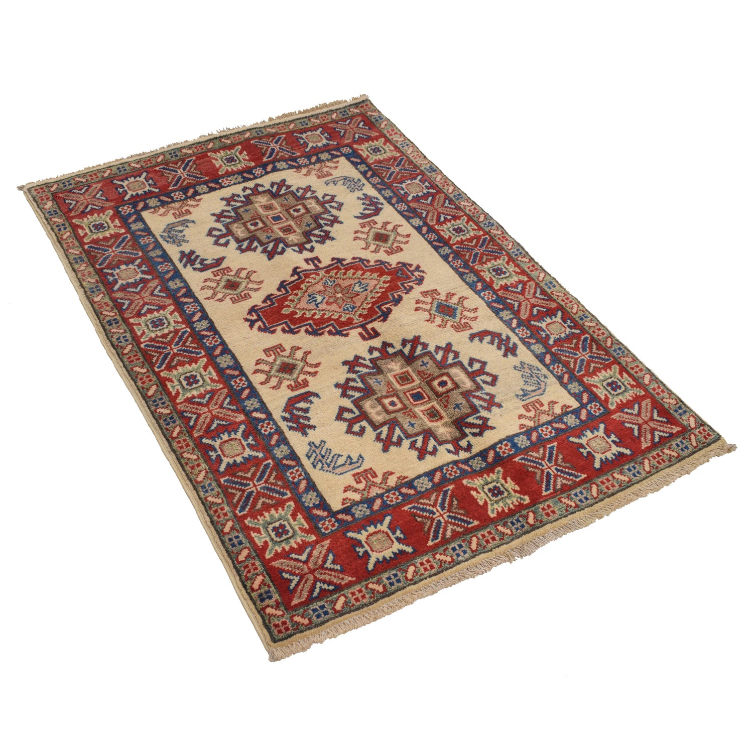 Kazak Rug Handmade Ivory Medallion 2x4 ft