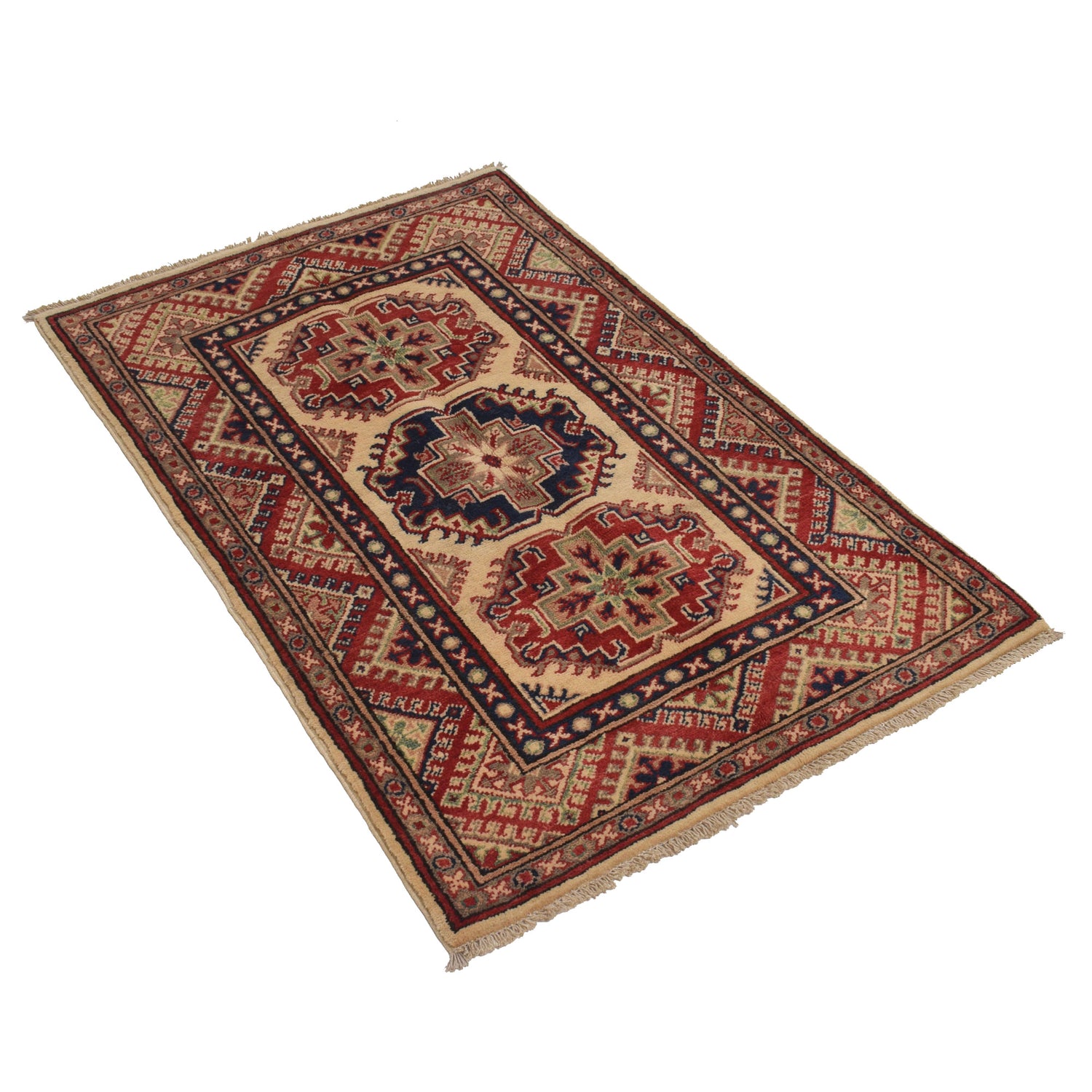 Kazak Rug Handmade Ivory Medallion 2x4 ft