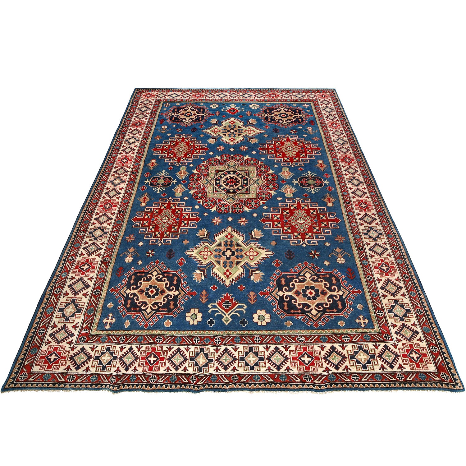 Kazak Rug Handmade Blue Medallion 9x12 ft