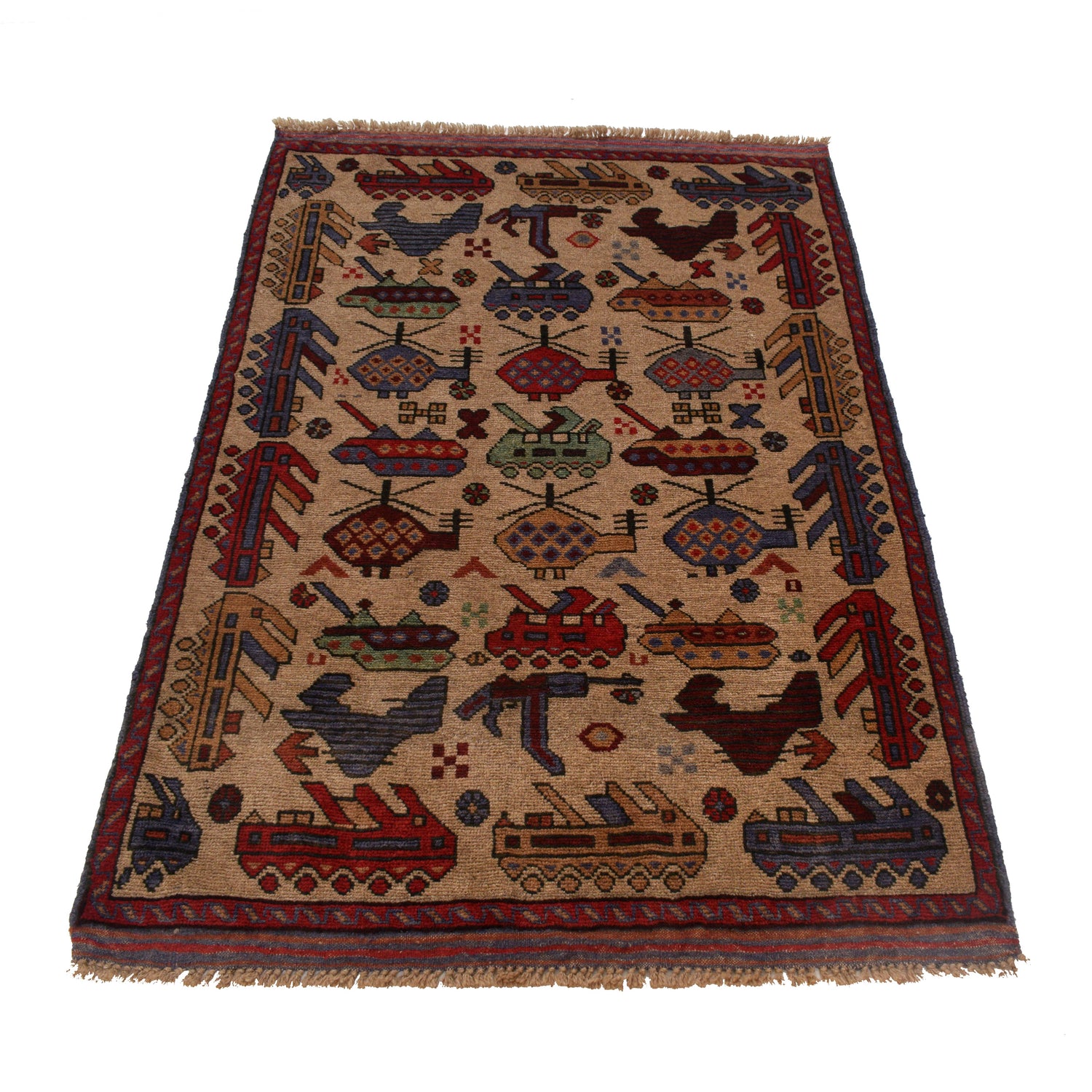 War Area Rug Handmade Brown Tank + Helicopter 3x5 ft