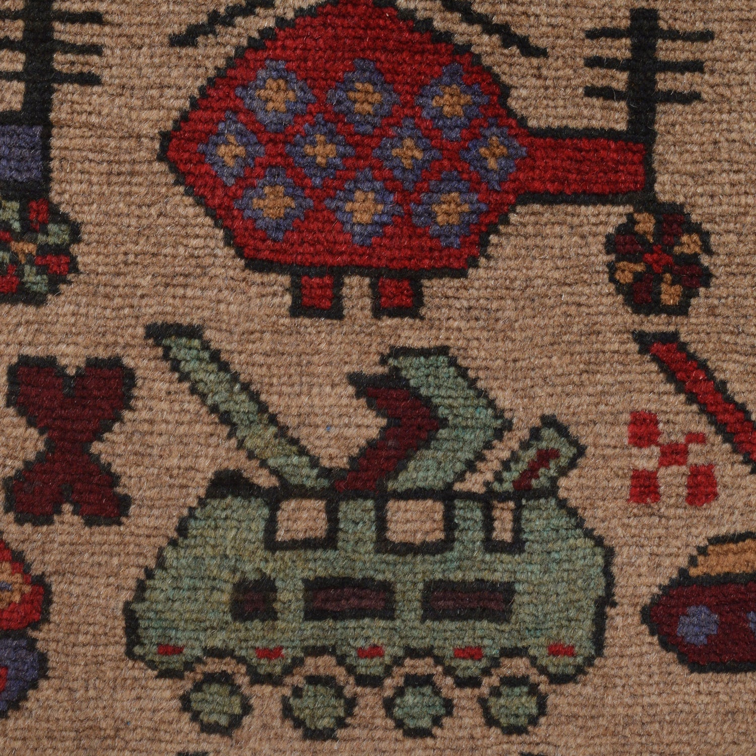 War Area Rug Handmade Brown Tank + Helicopter 3x5 ft