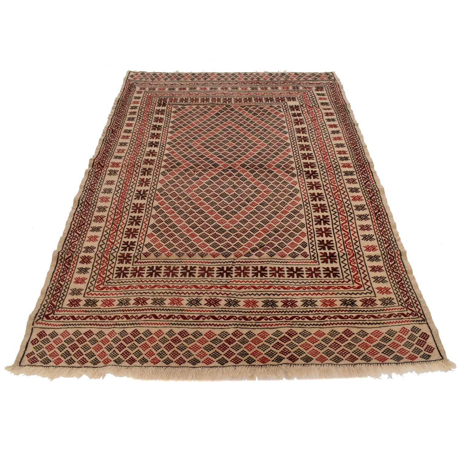 Soumak Kilim Area Rug Handmade White Geometric 4x6 ft