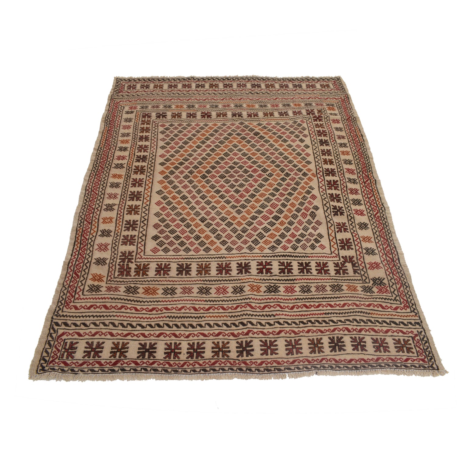 Soumak Kilim Area Rug Handmade White Geometric 4x6 ft