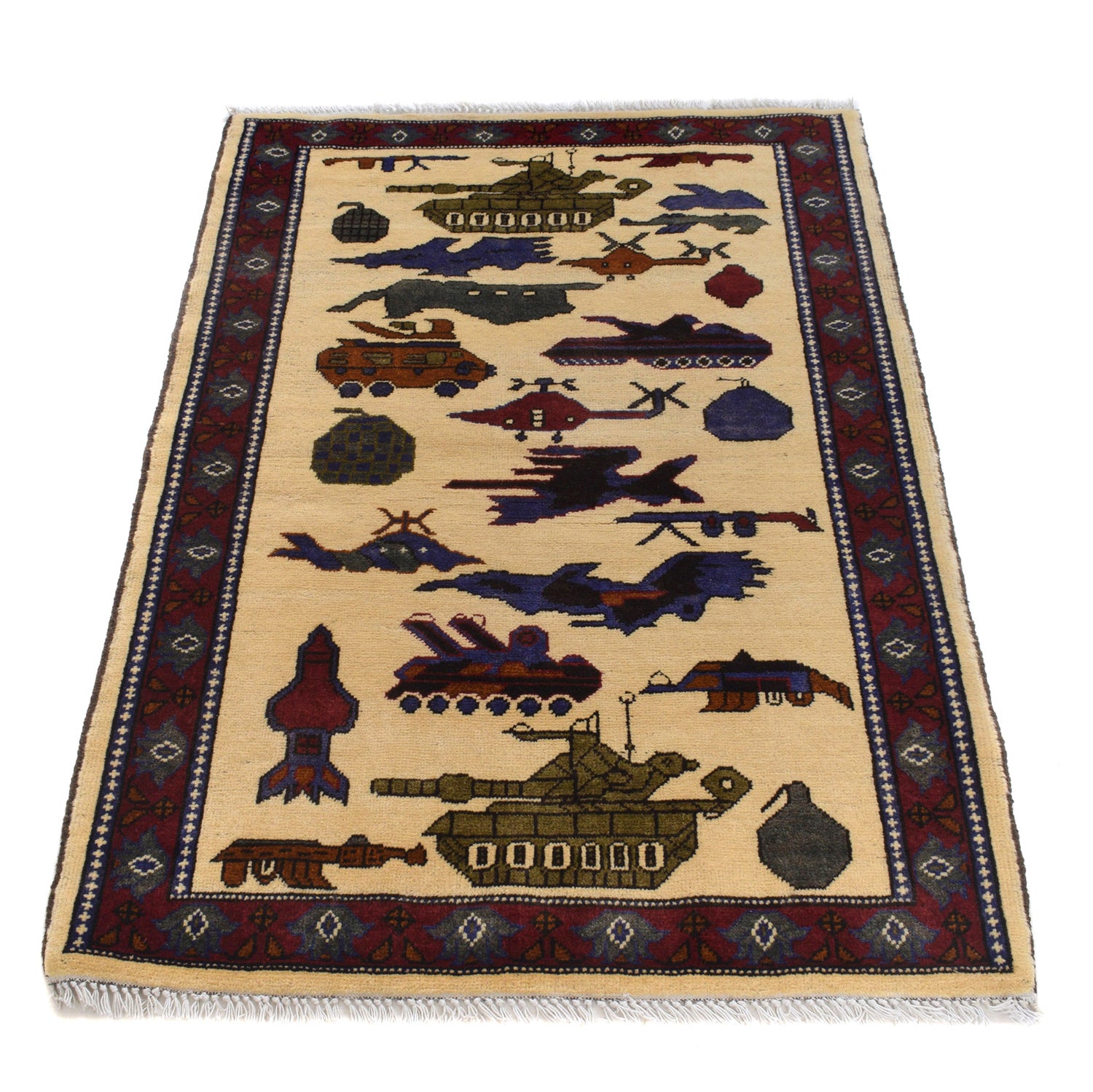 War Area Rug Handmade Ivory Helicopter + Tank 2x4 ft