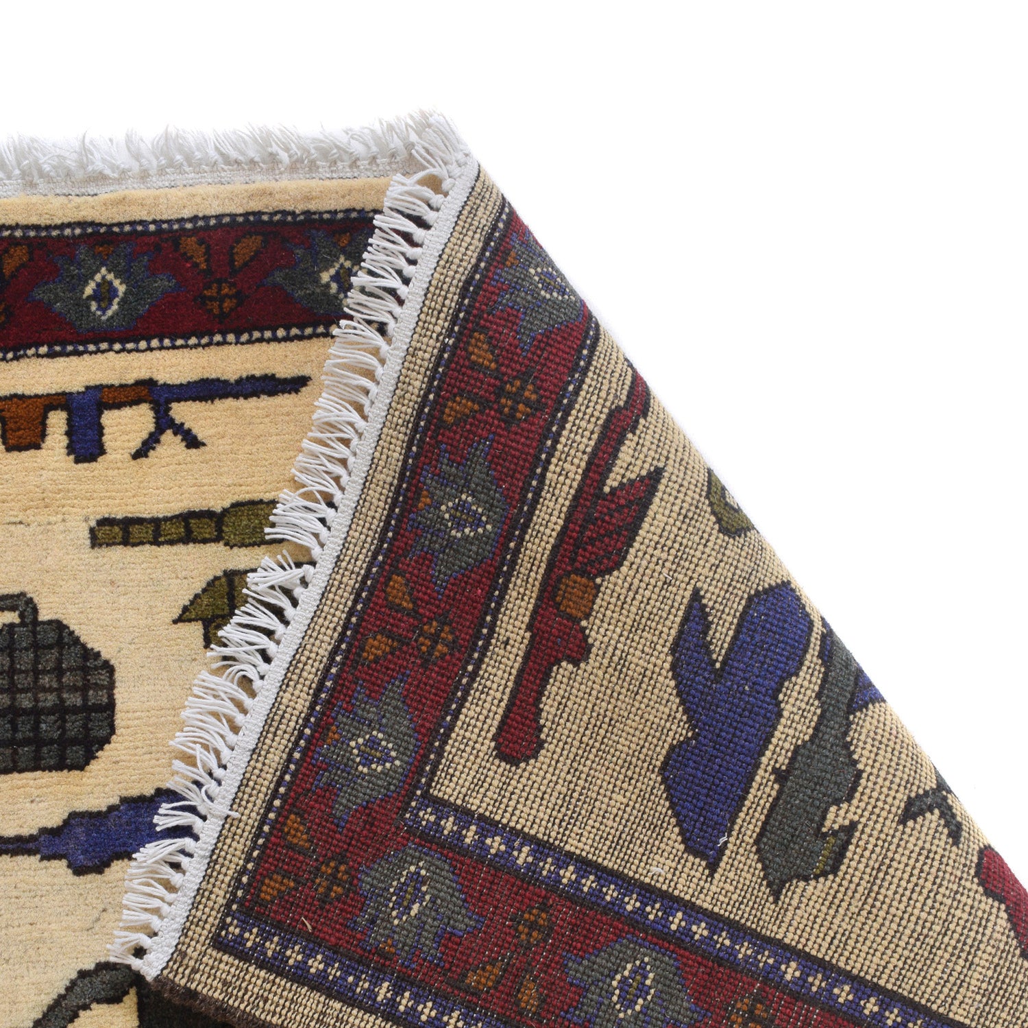 War Area Rug Handmade Ivory Helicopter + Tank 2x4 ft