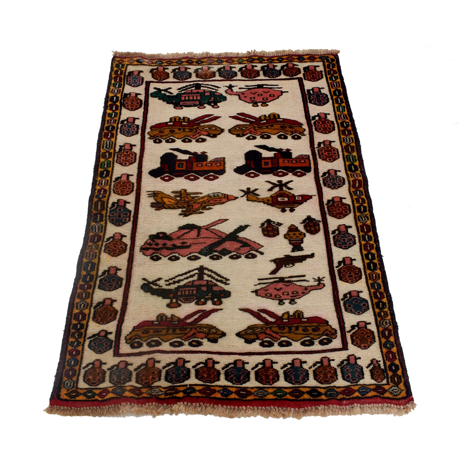 War Area Rug Handmade Ivory Tank + Helicopter 2x4 ft