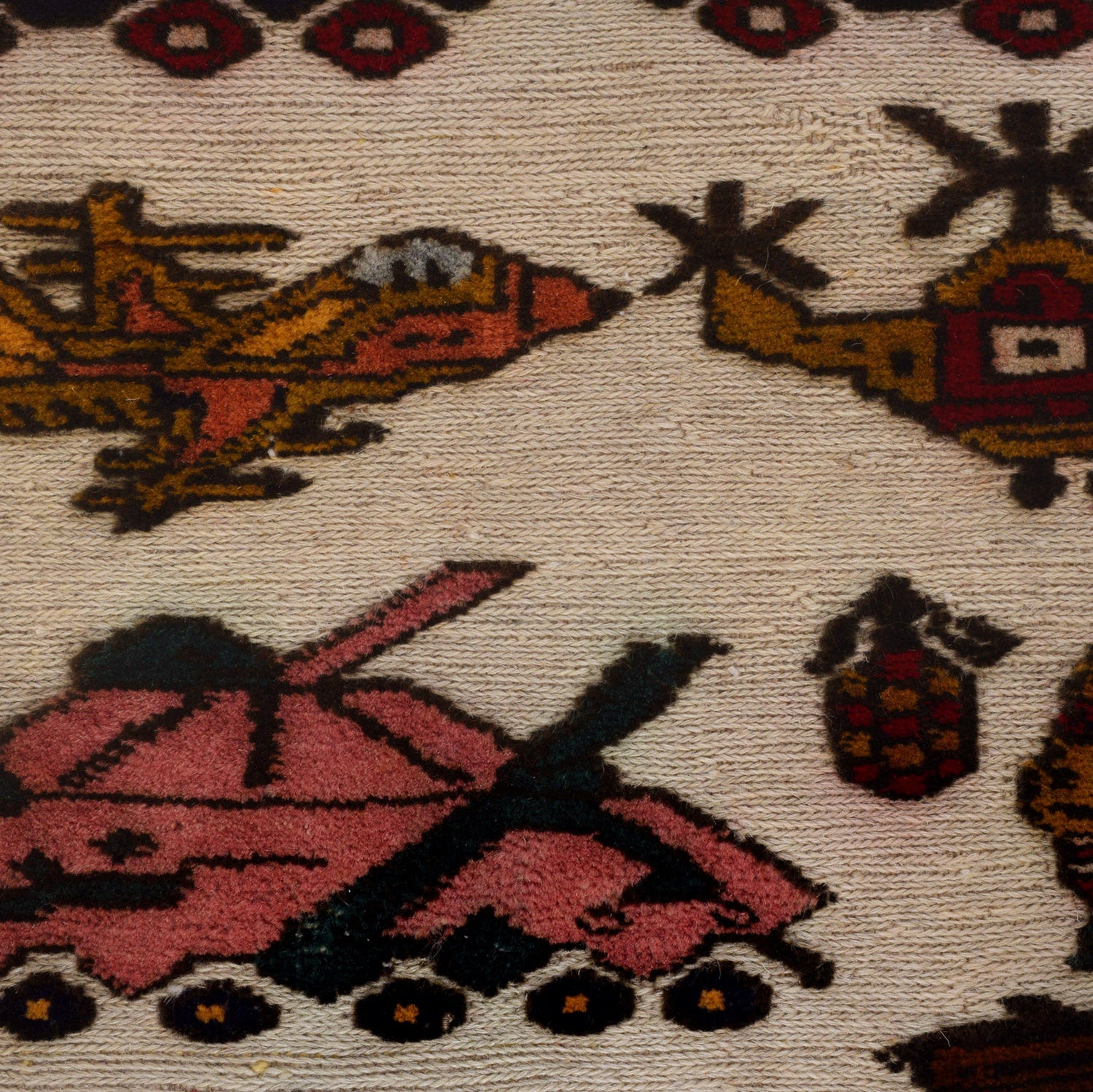 War Area Rug Handmade Ivory Tank + Helicopter 2x4 ft
