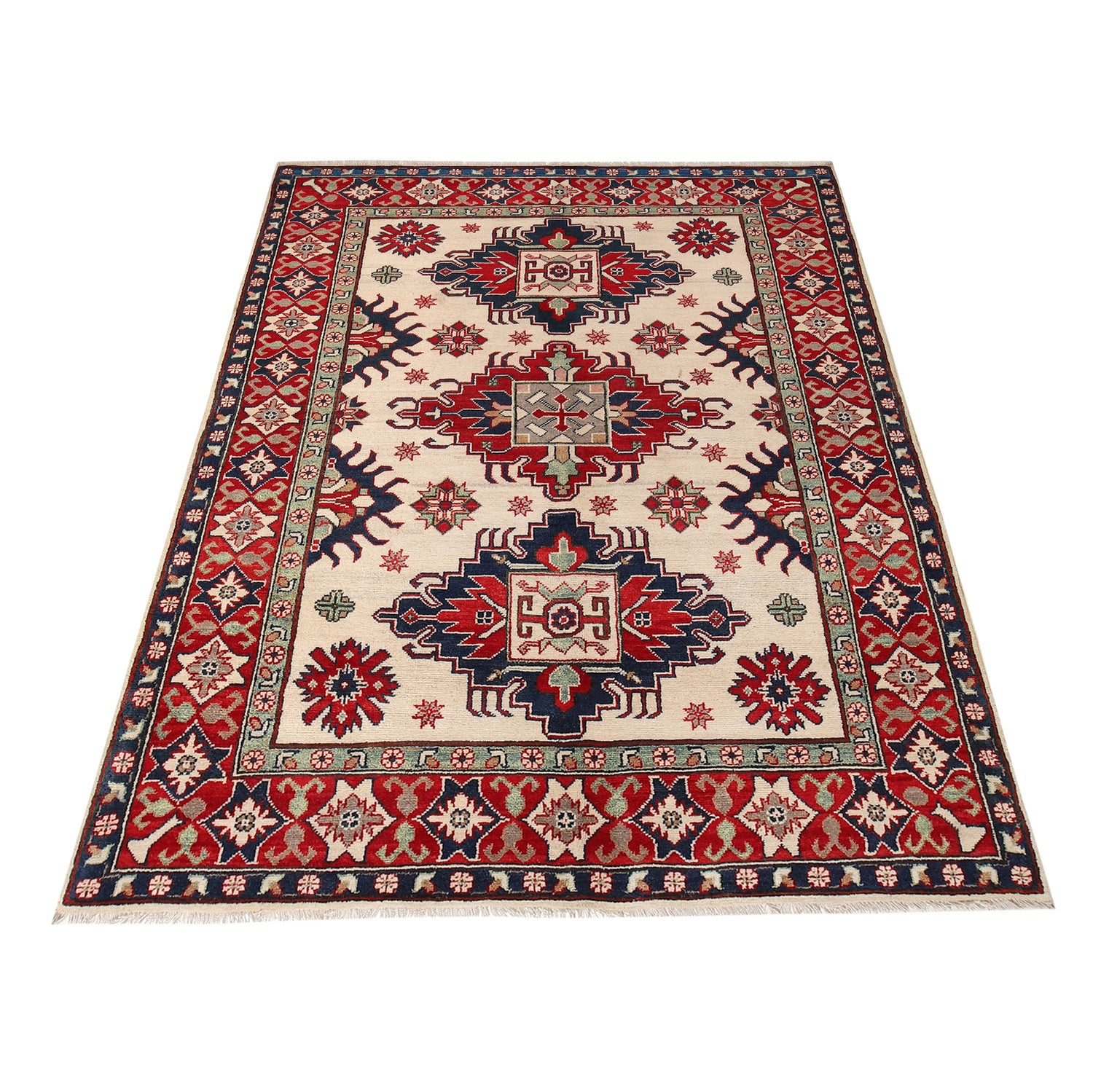 Kazak Rug Handmade Beige Medallion 4x7 ft
