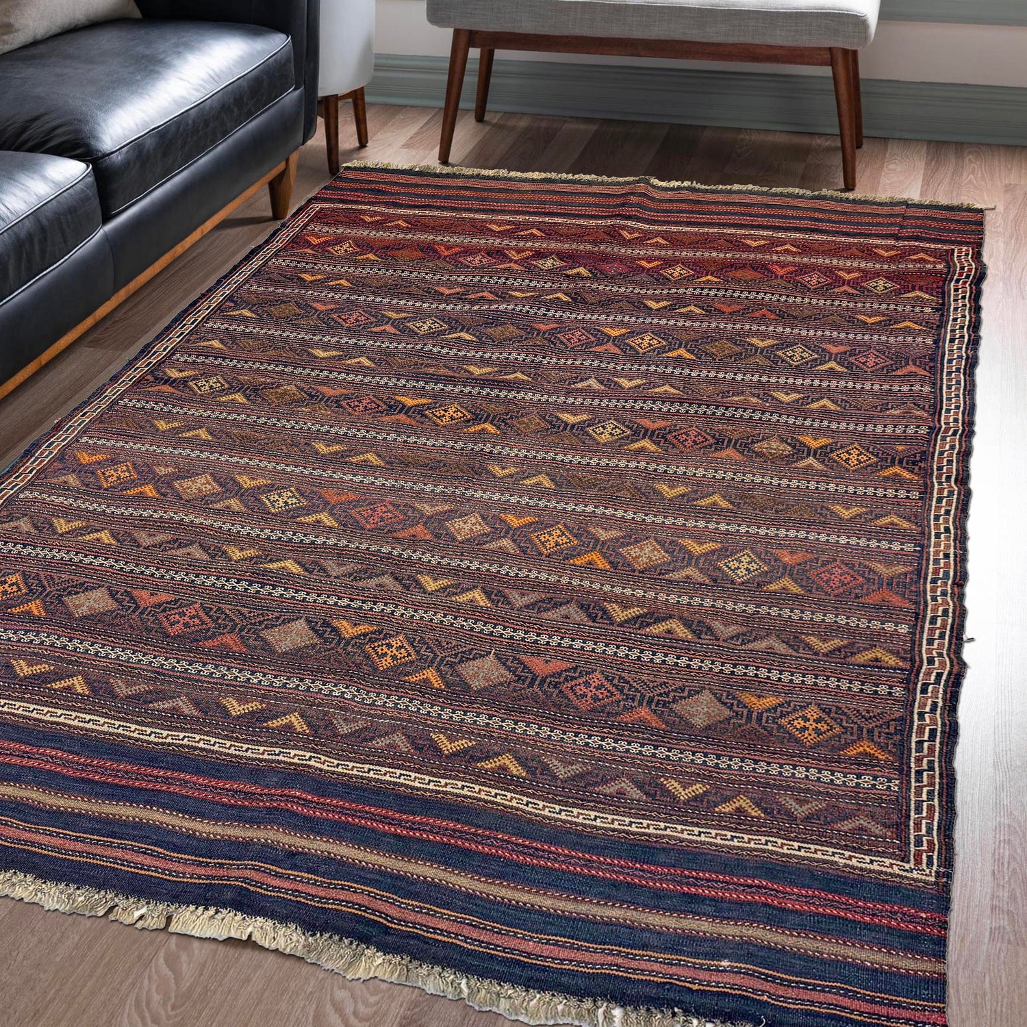 Laghari Kilim Area Rug Handmade Multi Geometric 4x7 ft