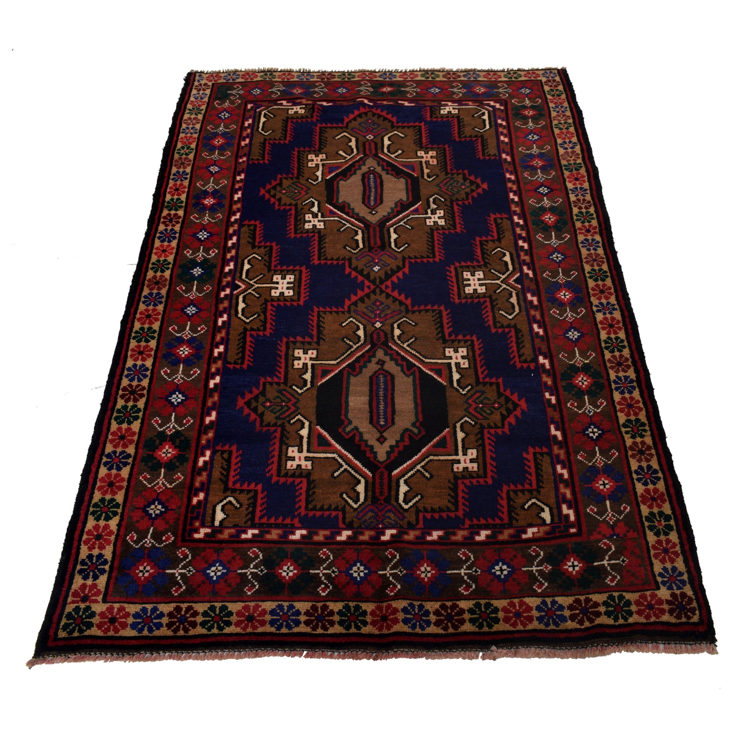 Baluchi Rug Handmade Blue Geometric 4x6 ft
