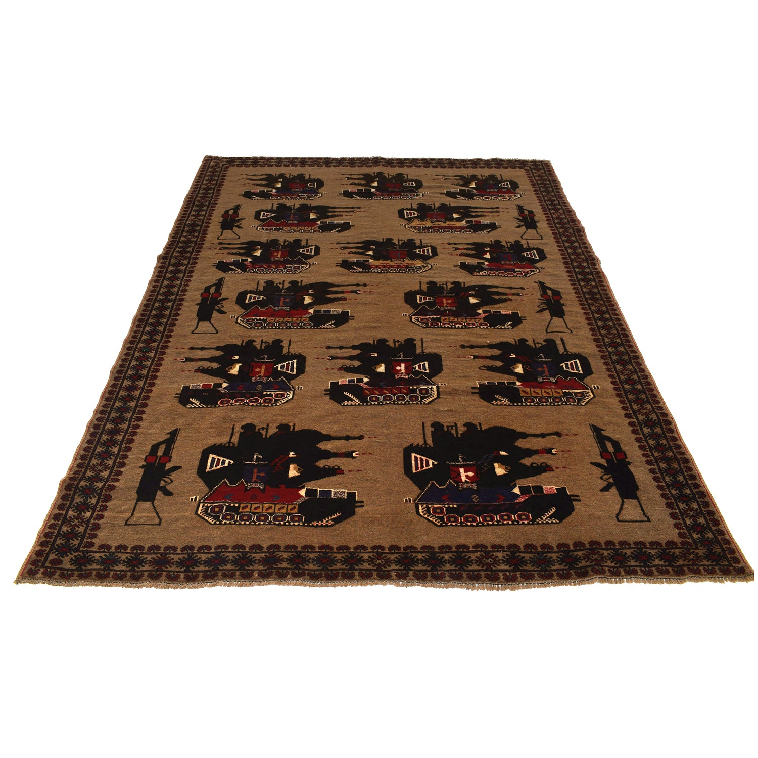 War Area Rug Handmade Brown Tank + Helicopter 7x10 ft