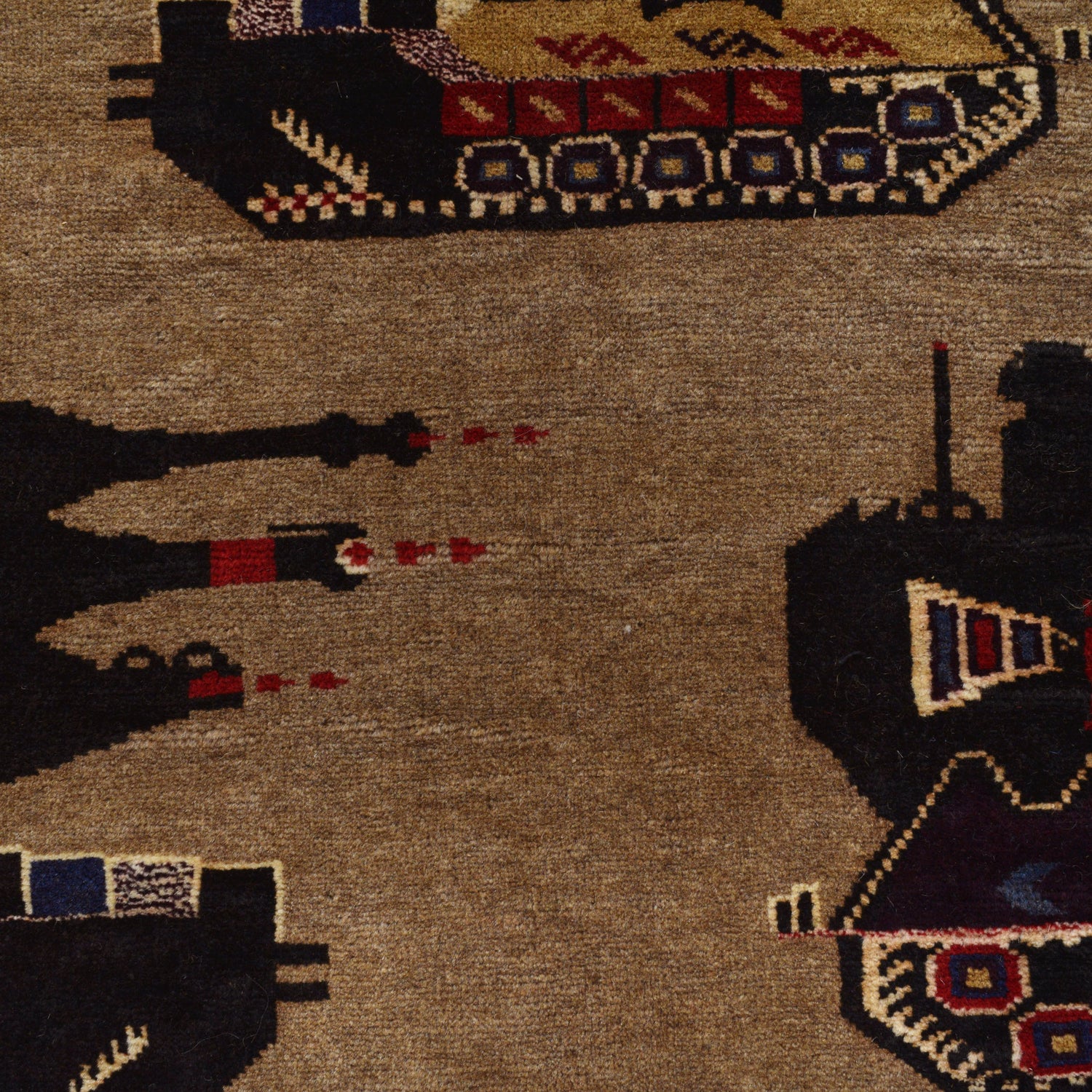 War Area Rug Handmade Brown Tank + Helicopter 7x10 ft