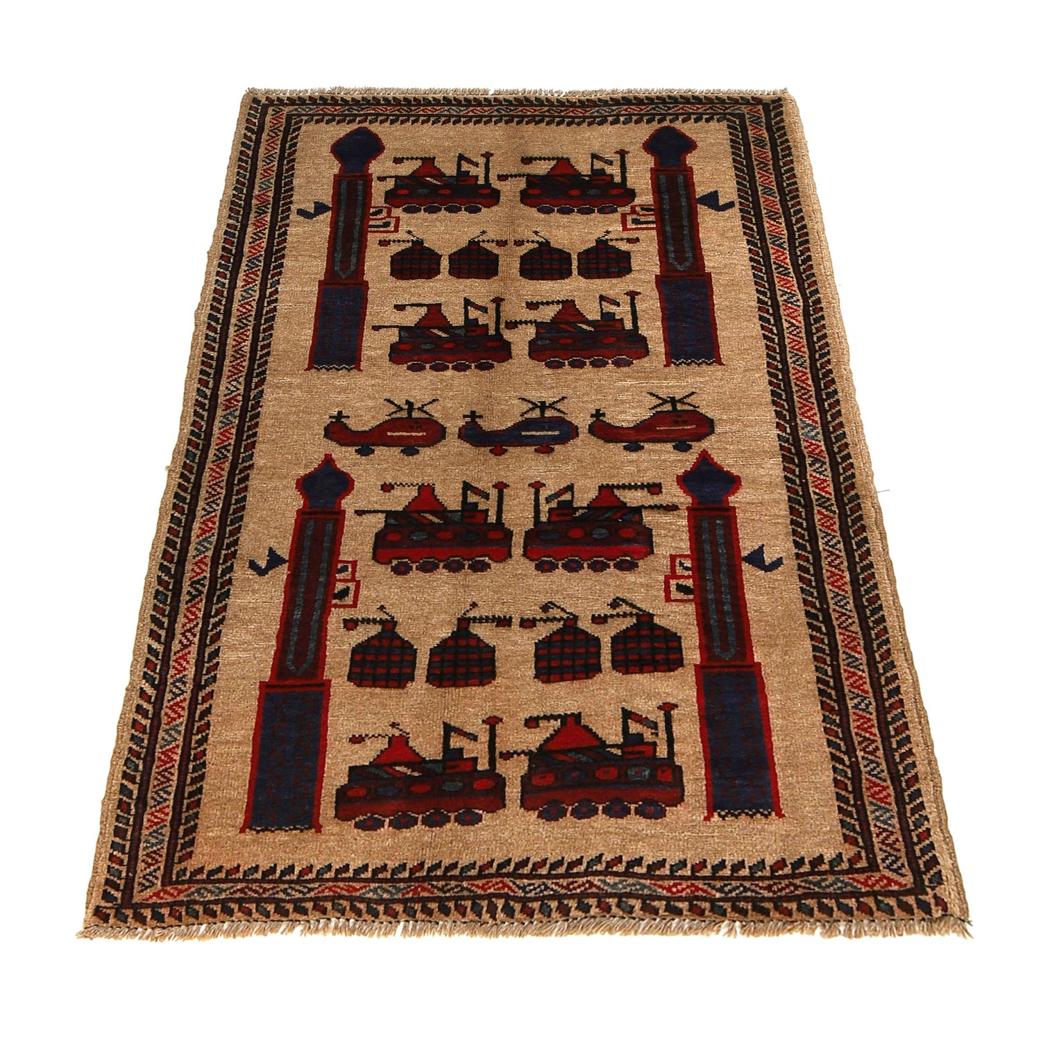 War Area Rug Handmade Brown Tank + Helicopter + Grenade 3x5