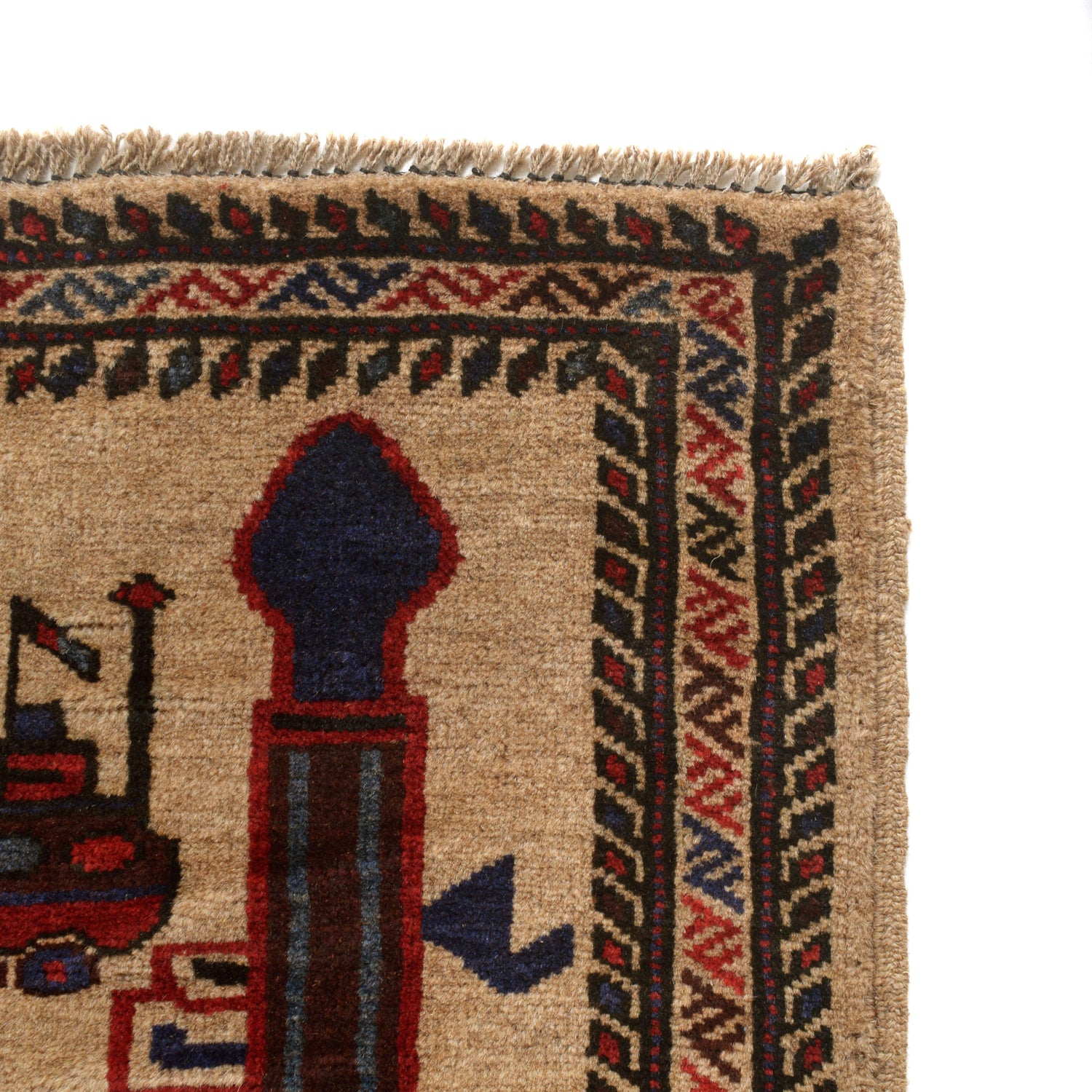 War Area Rug Handmade Brown Tank + Helicopter + Grenade 3x5