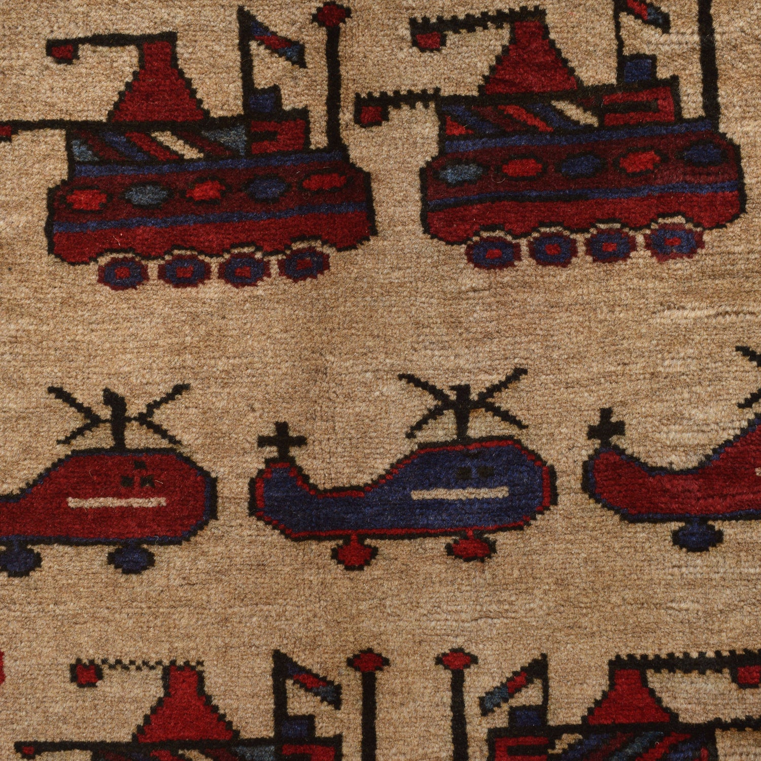 War Area Rug Handmade Brown Tank + Helicopter + Grenade 3x5